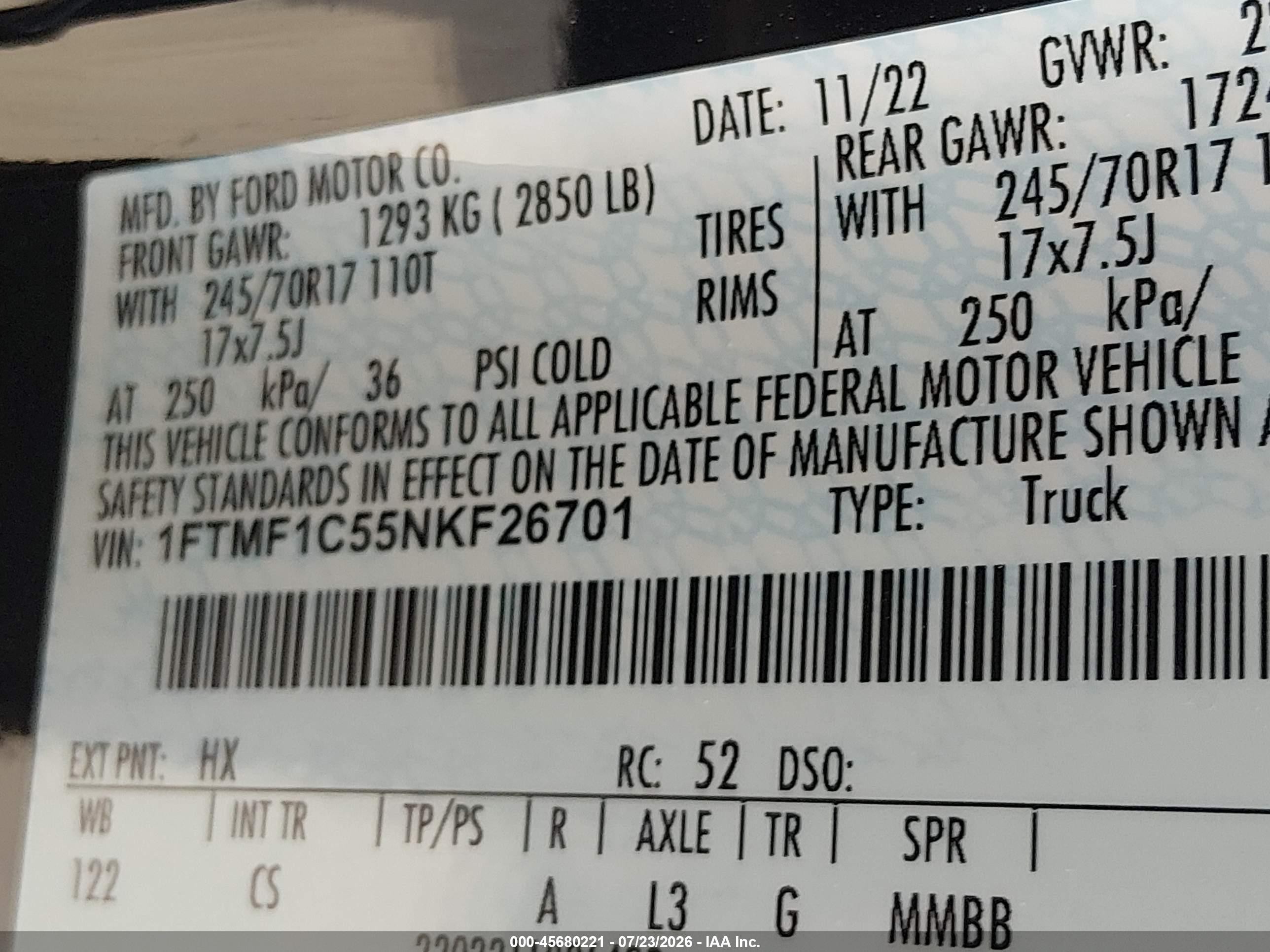 2022 Ford F-150 Xl Синий vin: 1FTMF1C55NKF26701