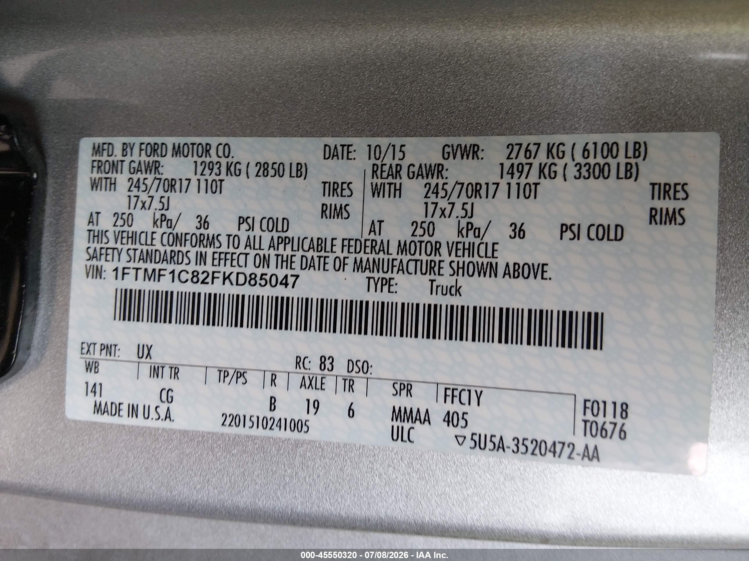 2015 Ford F-150 Xl/xlt Серебряный vin: 1FTMF1C82FKD85047