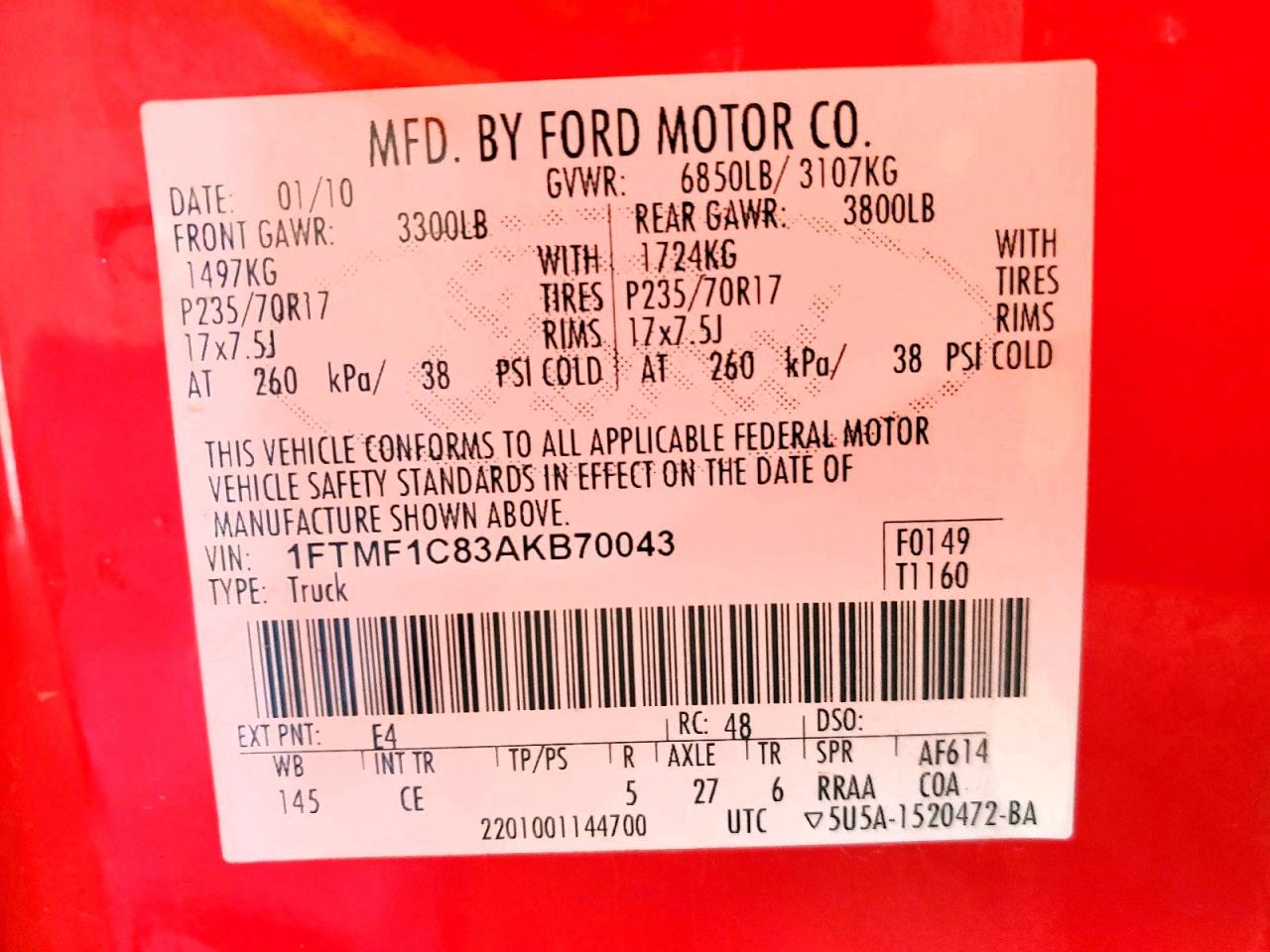 2010 Ford F150 Xl Red vin: 1FTMF1C83AKB70043