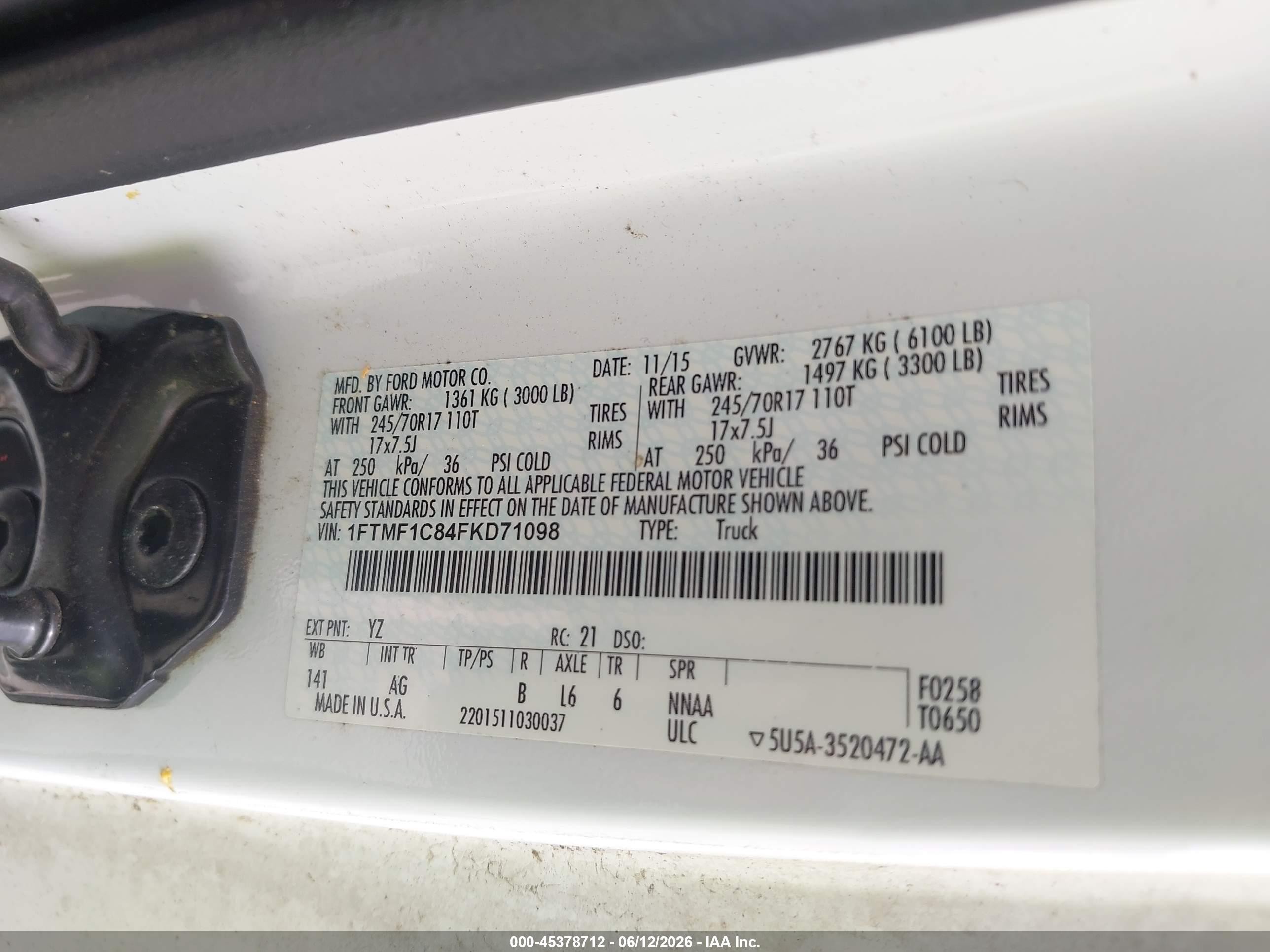2015 Ford F-150 Xl Yellow vin: 1FTMF1C84FKD71098