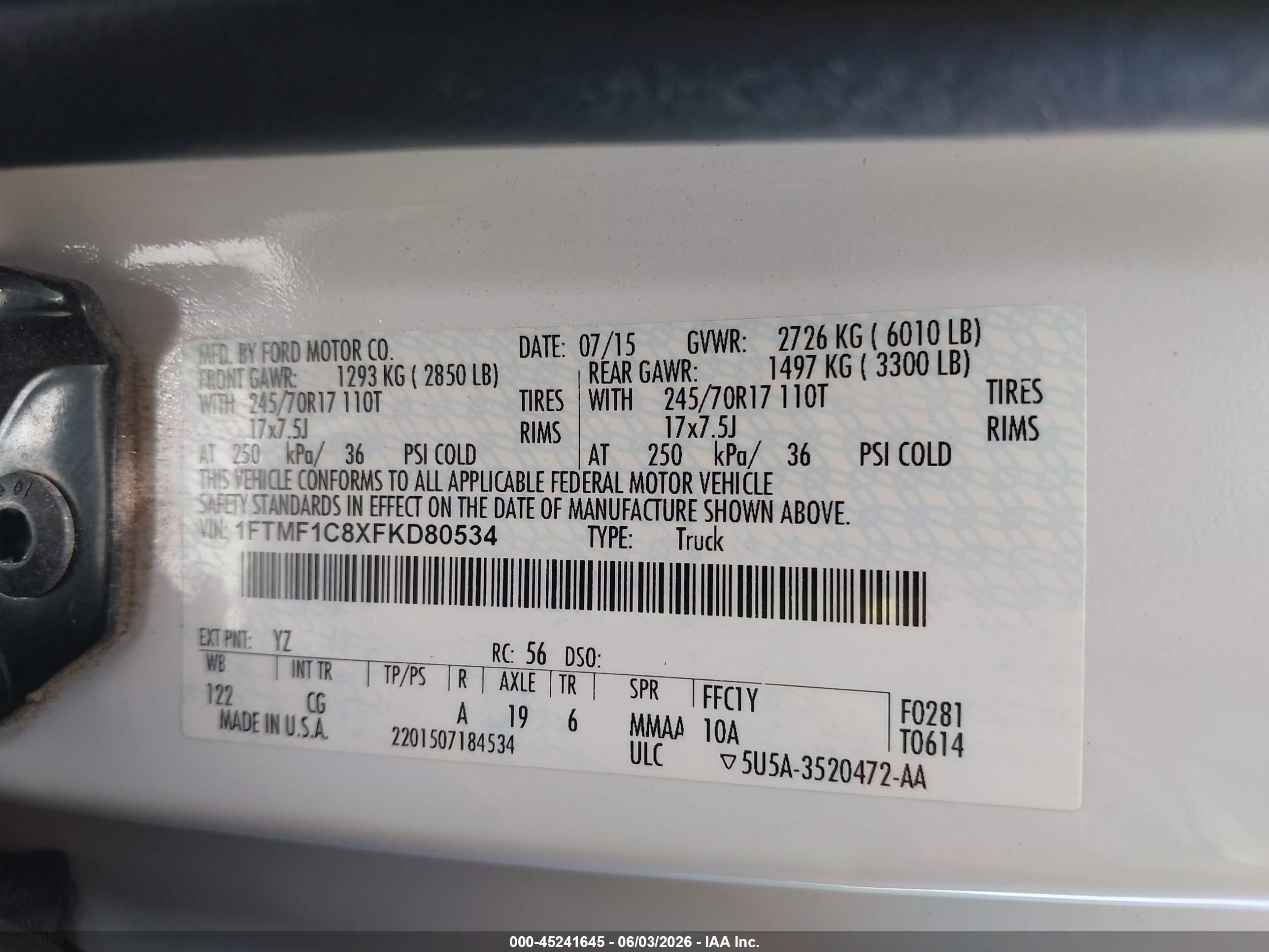 2015 Ford F-150 Xl White vin: 1FTMF1C8XFKD80534