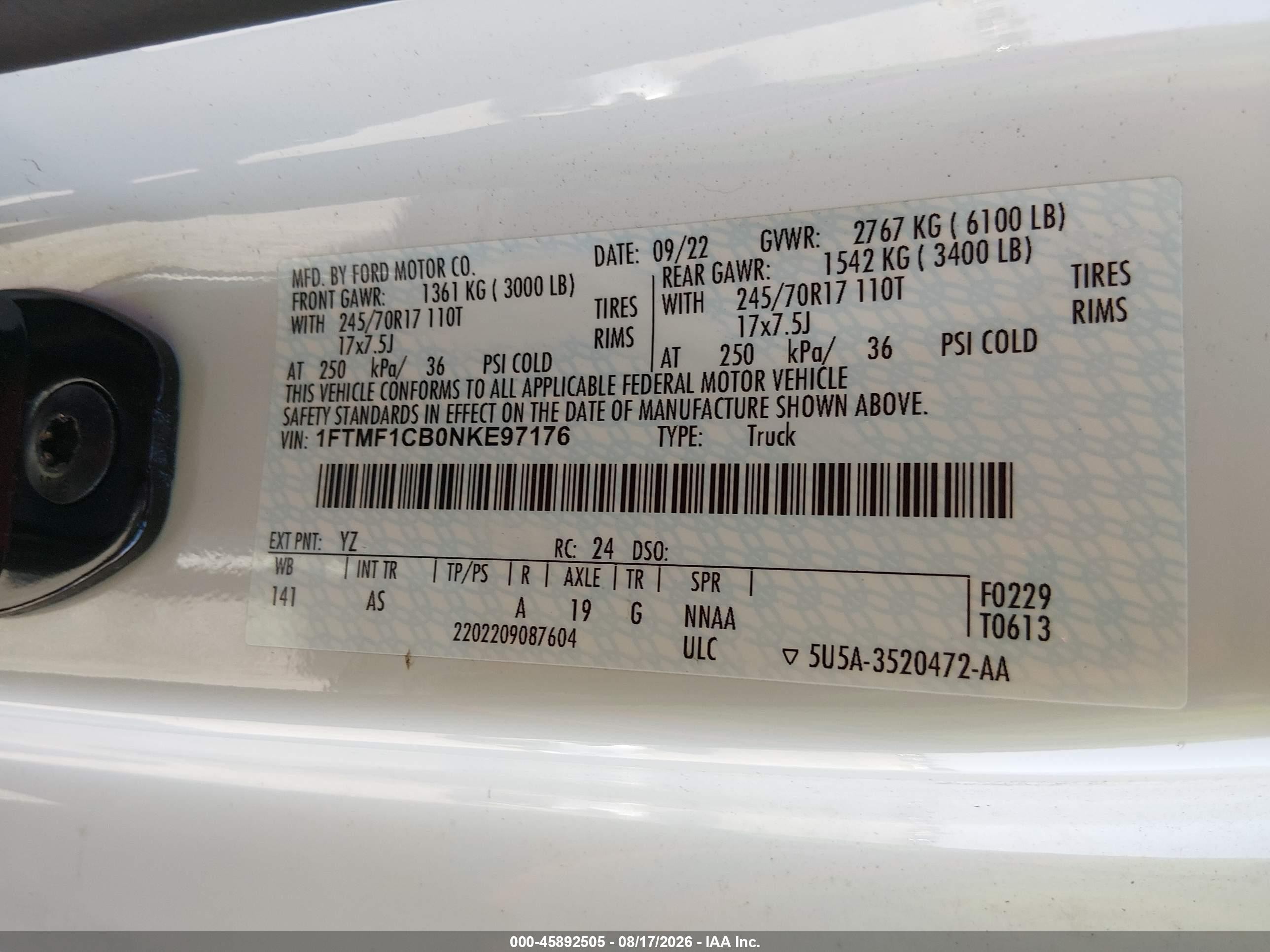 2022 Ford F-150 Xl White vin: 1FTMF1CB0NKE97176