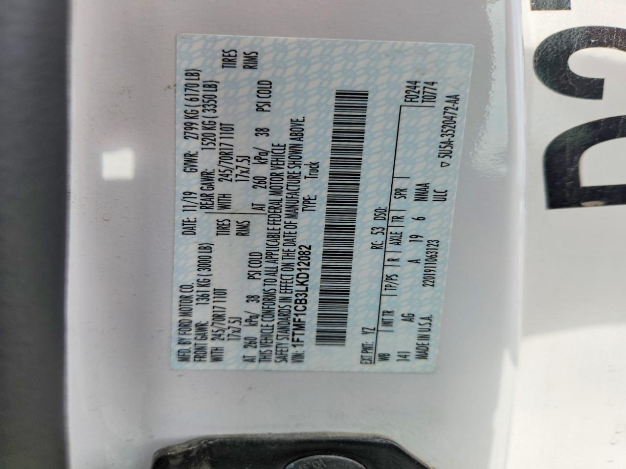 2020 Ford F150 White vin: 1FTMF1CB3LKD12082