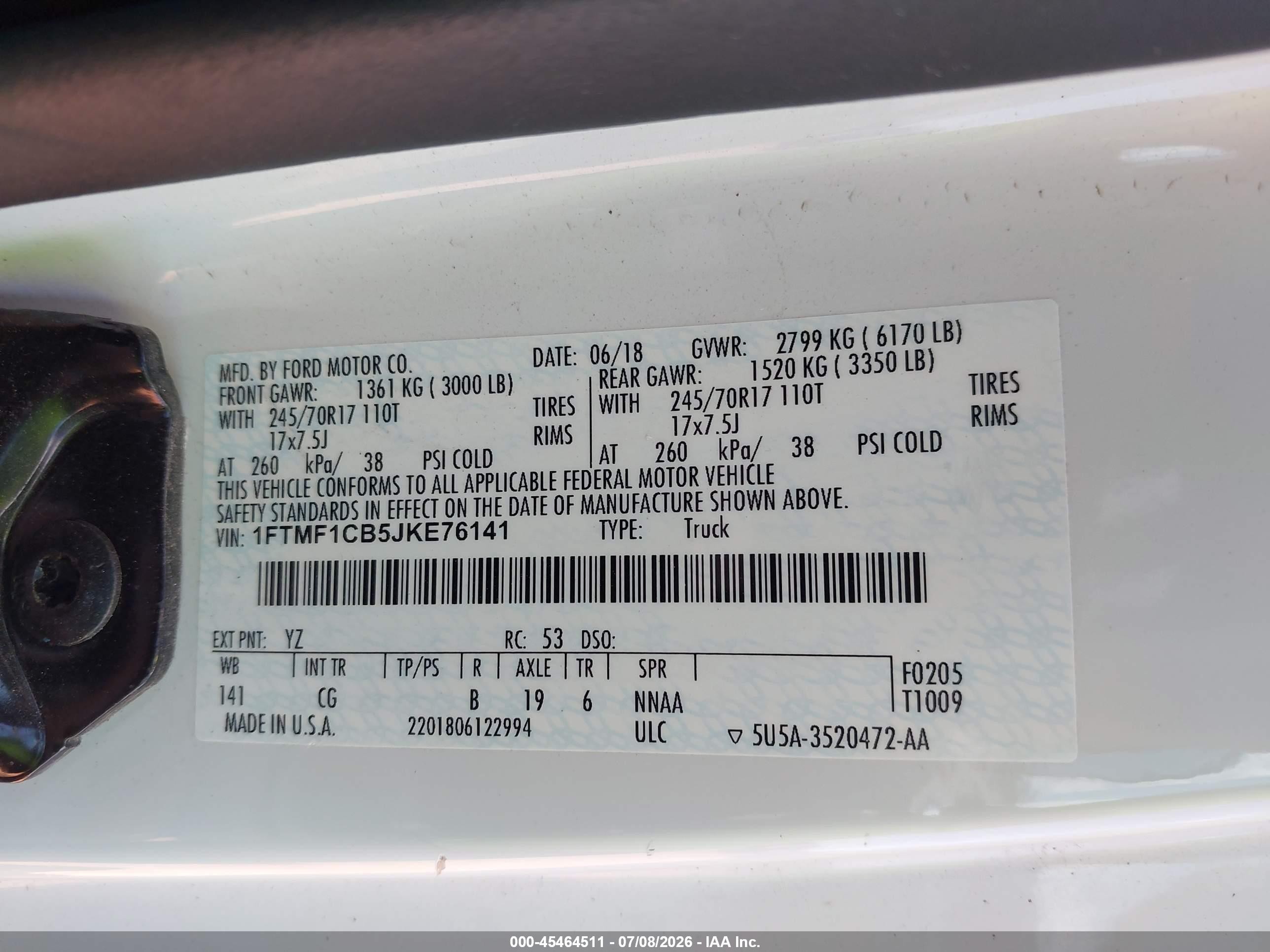 2018 Ford F-150 Xl/xlt White vin: 1FTMF1CB5JKE76141