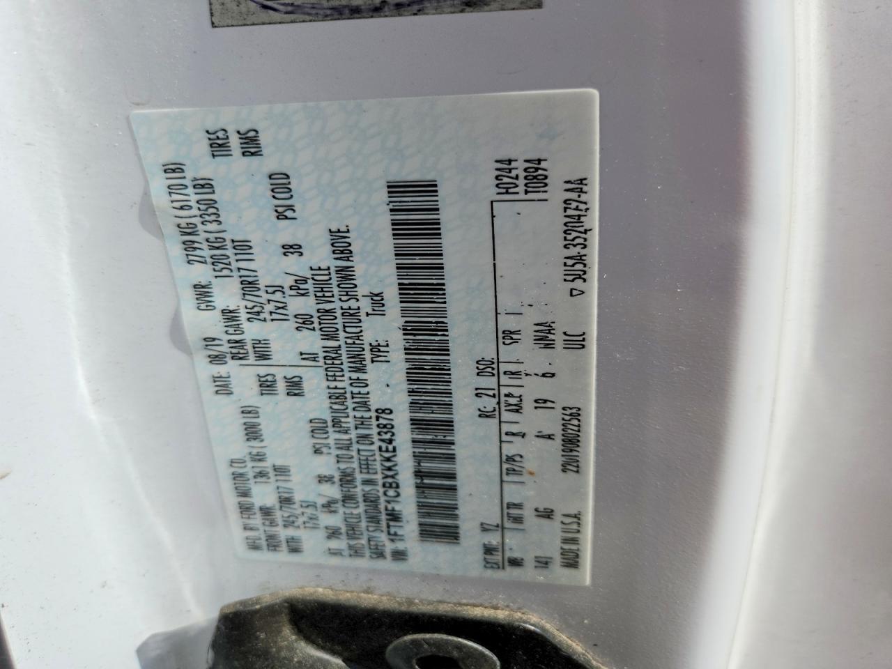 2019 Ford F150 White vin: 1FTMF1CBXKKE43878