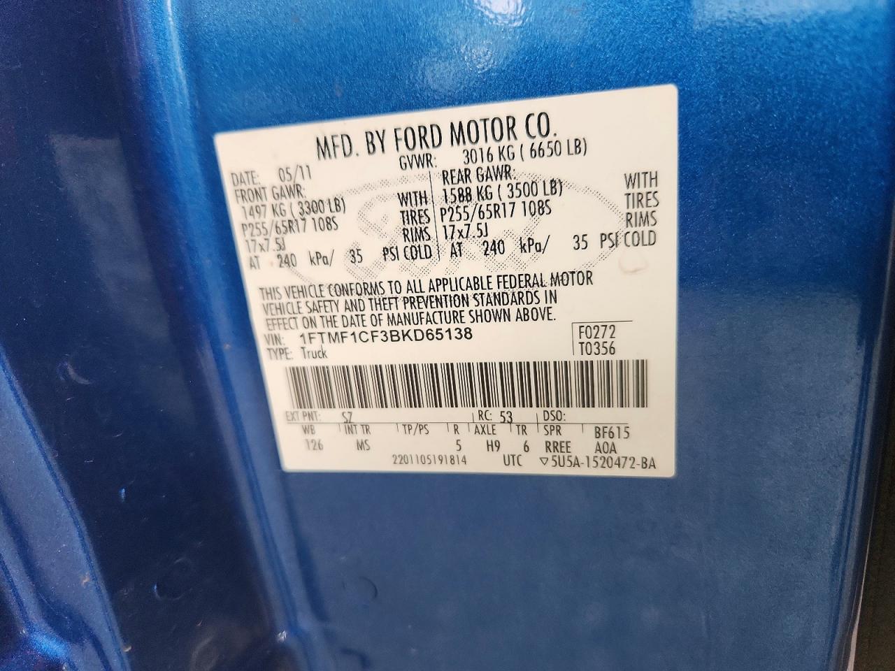 2011 Ford F150 Синий vin: 1FTMF1CF3BKD65138