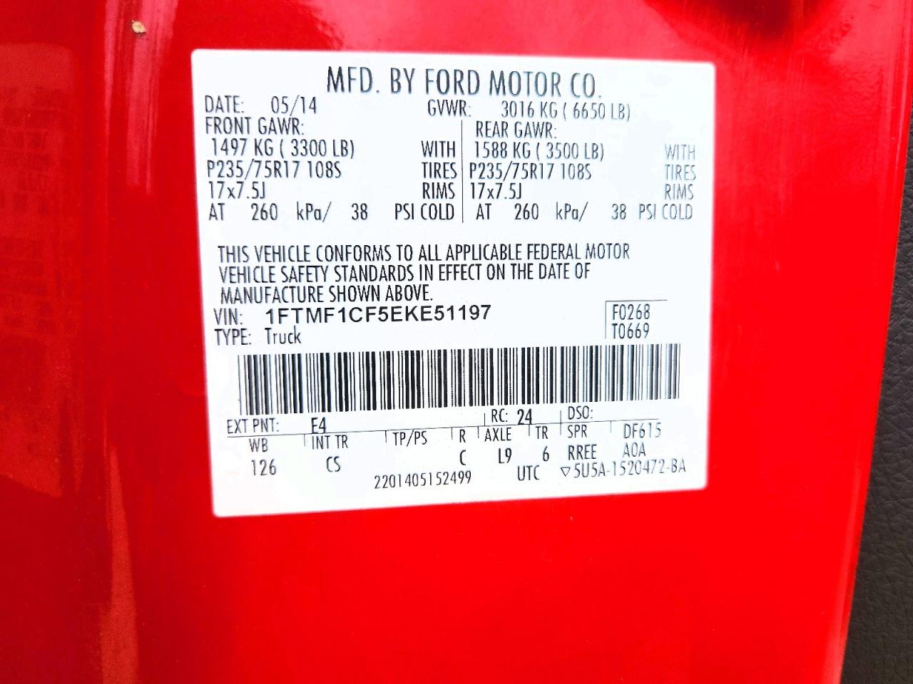2014 Ford F150 Red vin: 1FTMF1CF5EKE51197