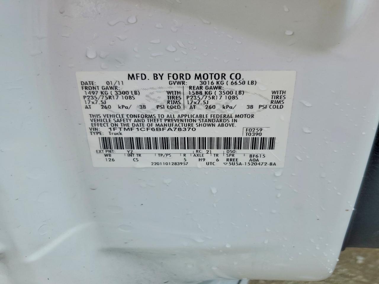 2011 Ford F150 White vin: 1FTMF1CF6BFA78370