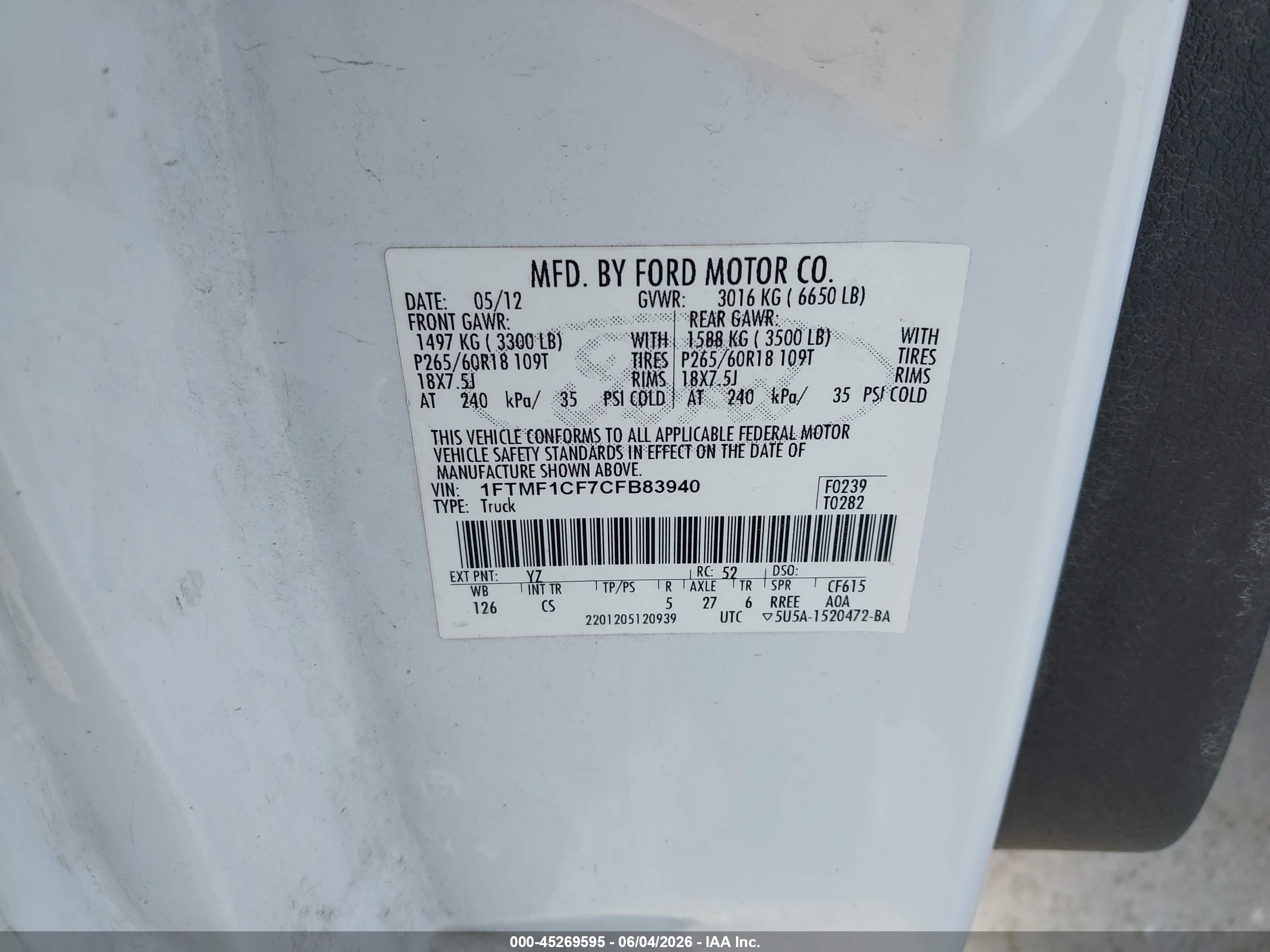 2012 Ford F-150 Stx White vin: 1FTMF1CF7CFB83940
