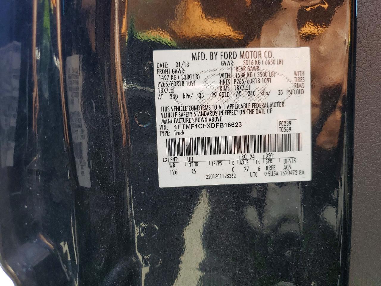2013 Ford F150 Black vin: 1FTMF1CFXDFB16623