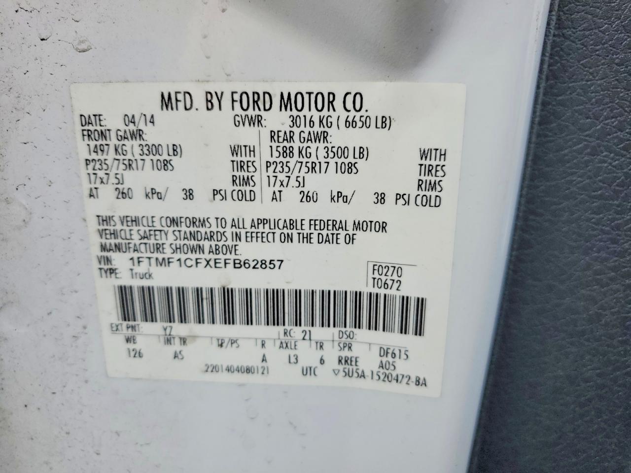 2014 Ford F150 White vin: 1FTMF1CFXEFB62857