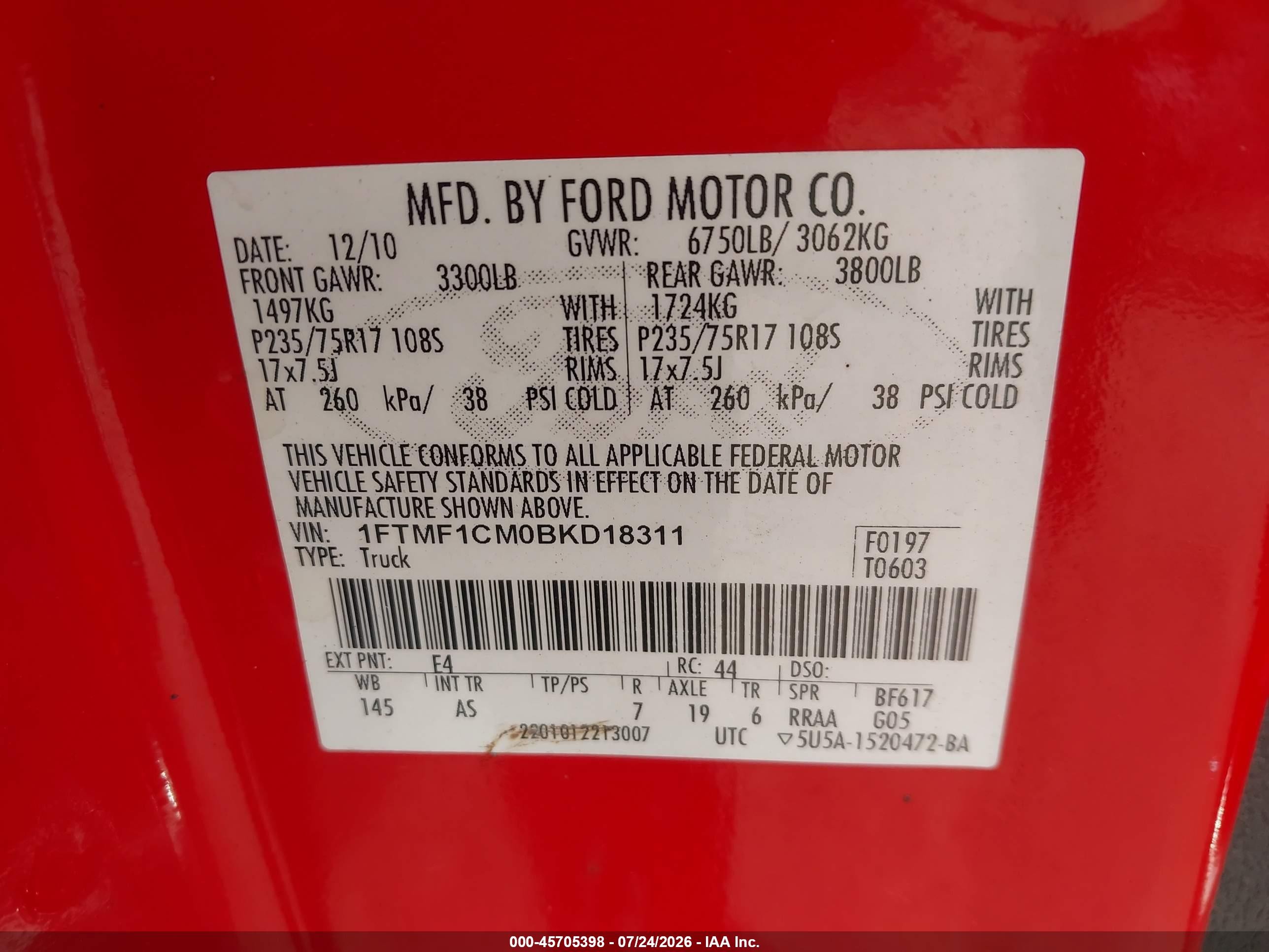 2011 Ford F-150 Xl Red vin: 1FTMF1CM0BKD18311
