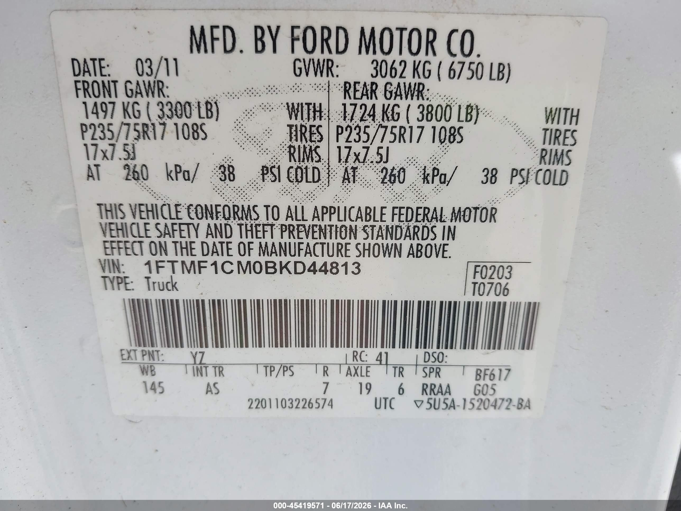 2011 Ford F-150 Xl White vin: 1FTMF1CM0BKD44813
