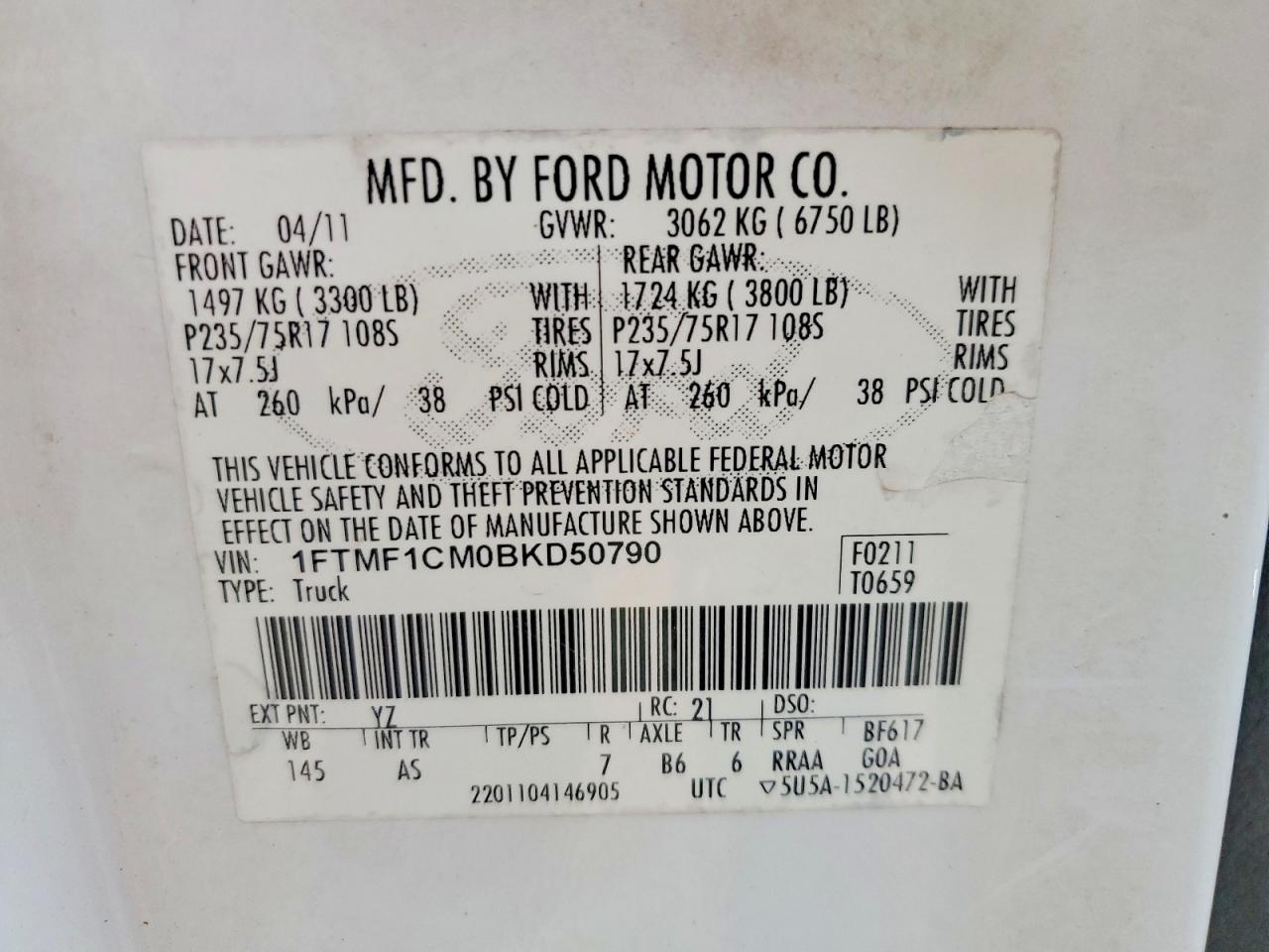 2011 Ford F150 White vin: 1FTMF1CM0BKD50790