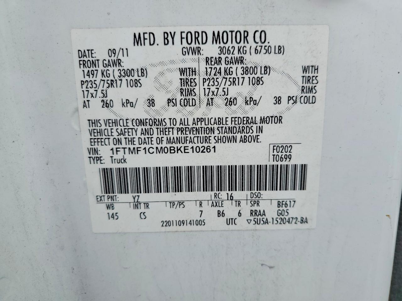 2011 Ford F150 Белый vin: 1FTMF1CM0BKE10261
