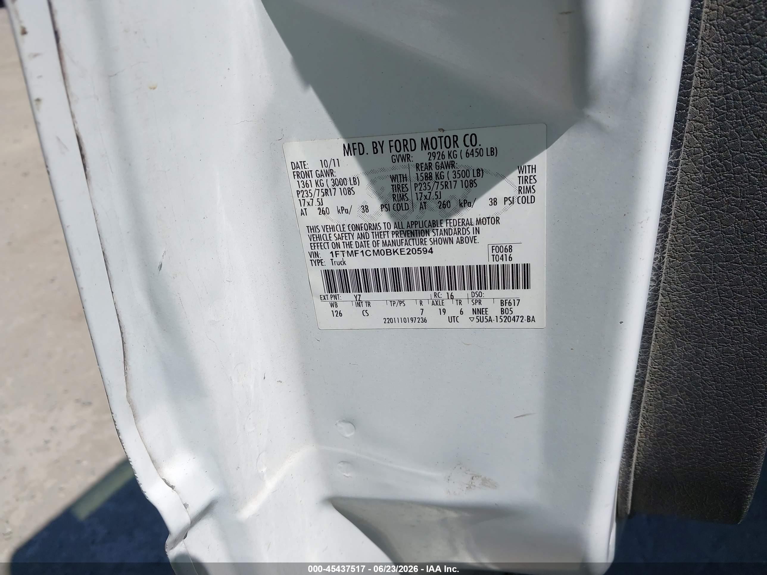 2011 Ford F-150 Stx/xl/xlt White vin: 1FTMF1CM0BKE20594