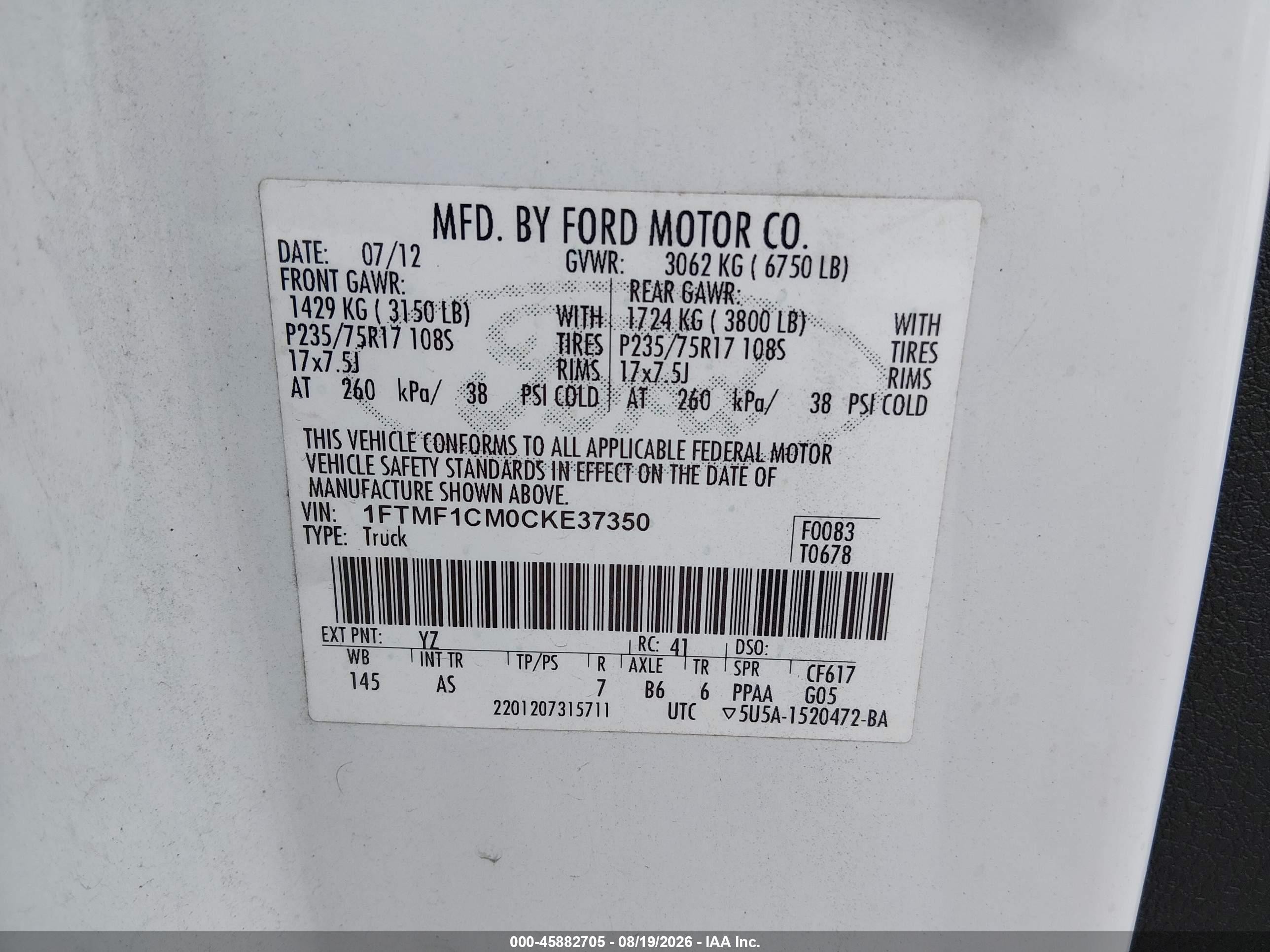 2012 Ford F-150 Xl Белый vin: 1FTMF1CM0CKE37350