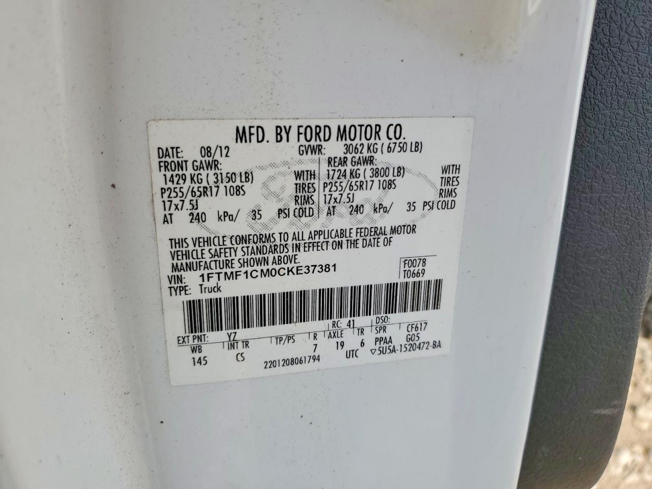2012 Ford F150 White vin: 1FTMF1CM0CKE37381