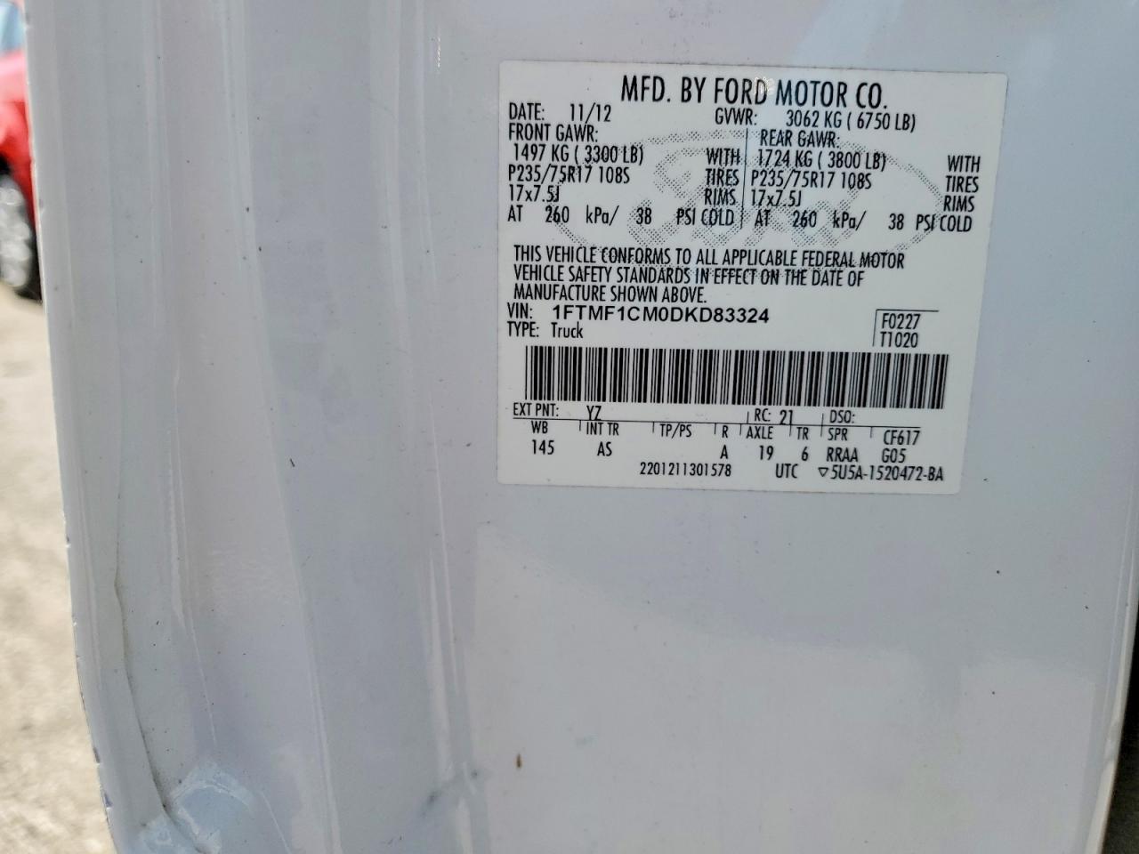 2013 Ford F150 White vin: 1FTMF1CM0DKD83324