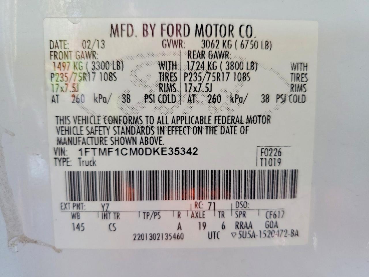 2013 Ford F150 Белый vin: 1FTMF1CM0DKE35342