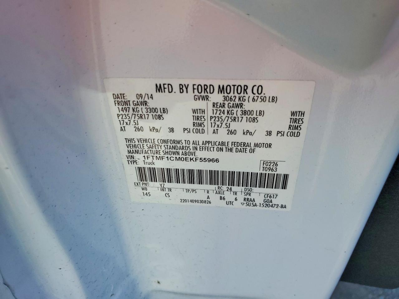 2014 Ford F150 White vin: 1FTMF1CM0EKF55966