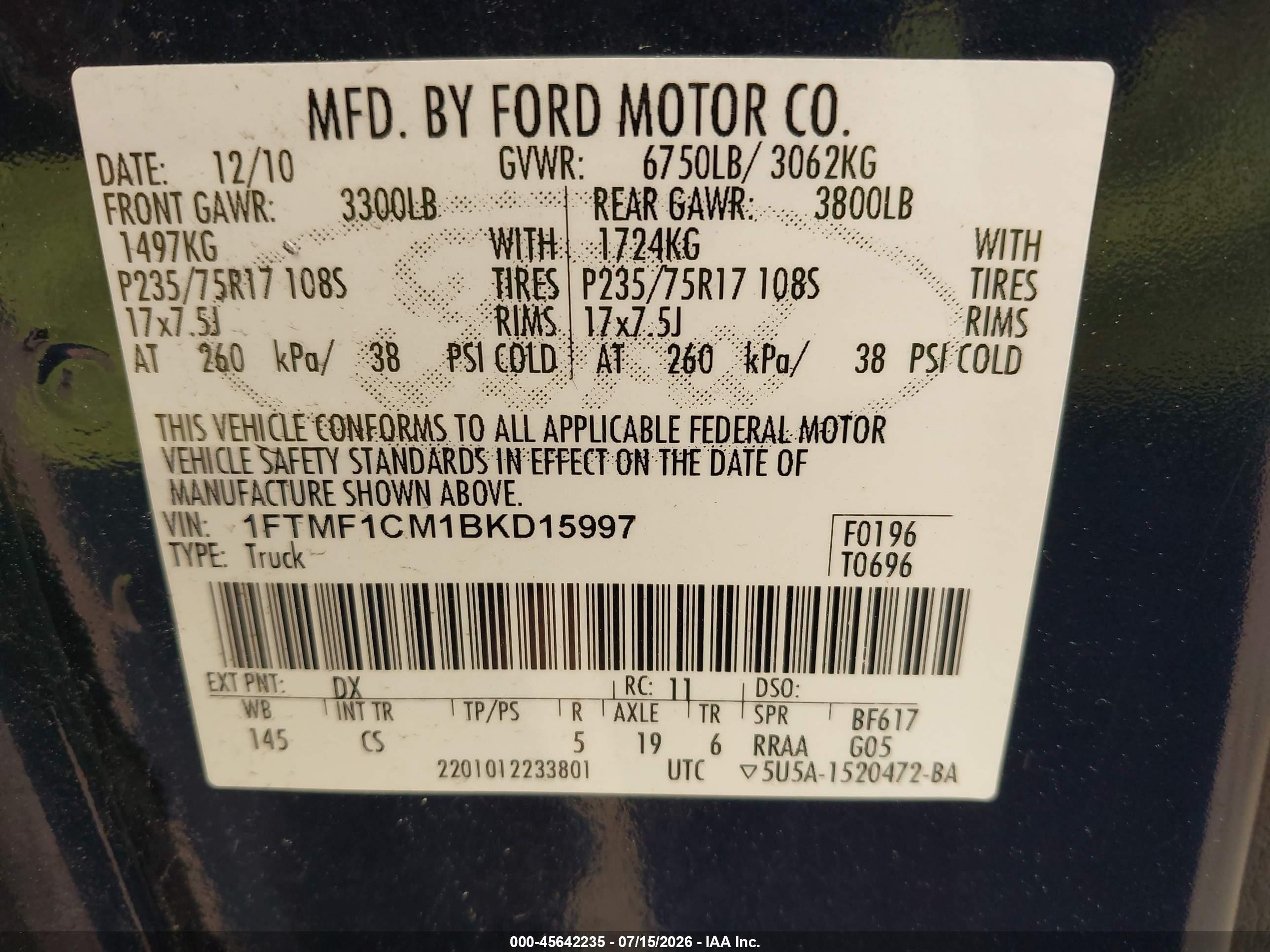 2011 Ford F-150 Xl Blue vin: 1FTMF1CM1BKD15997