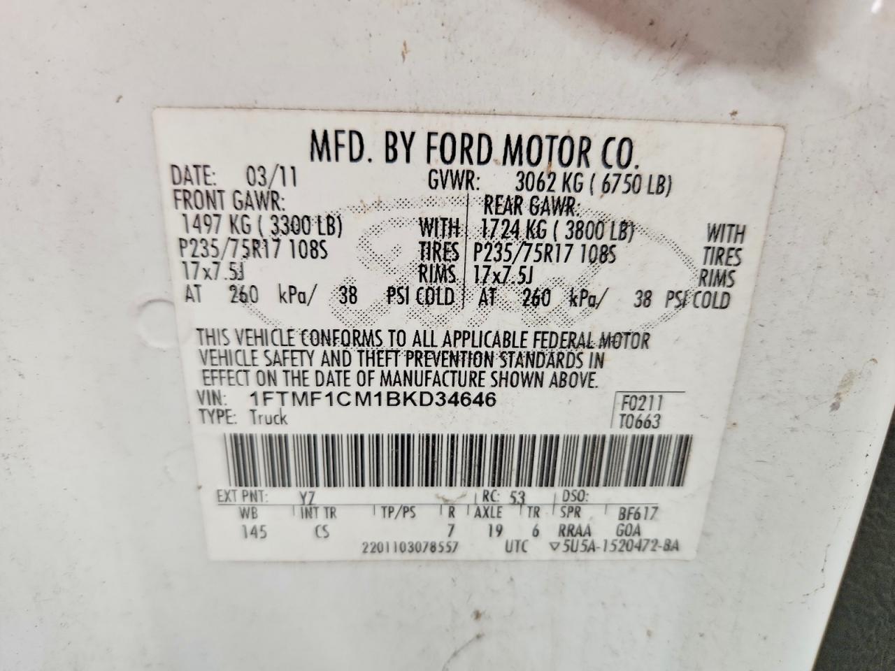 2011 Ford F150 White vin: 1FTMF1CM1BKD34646