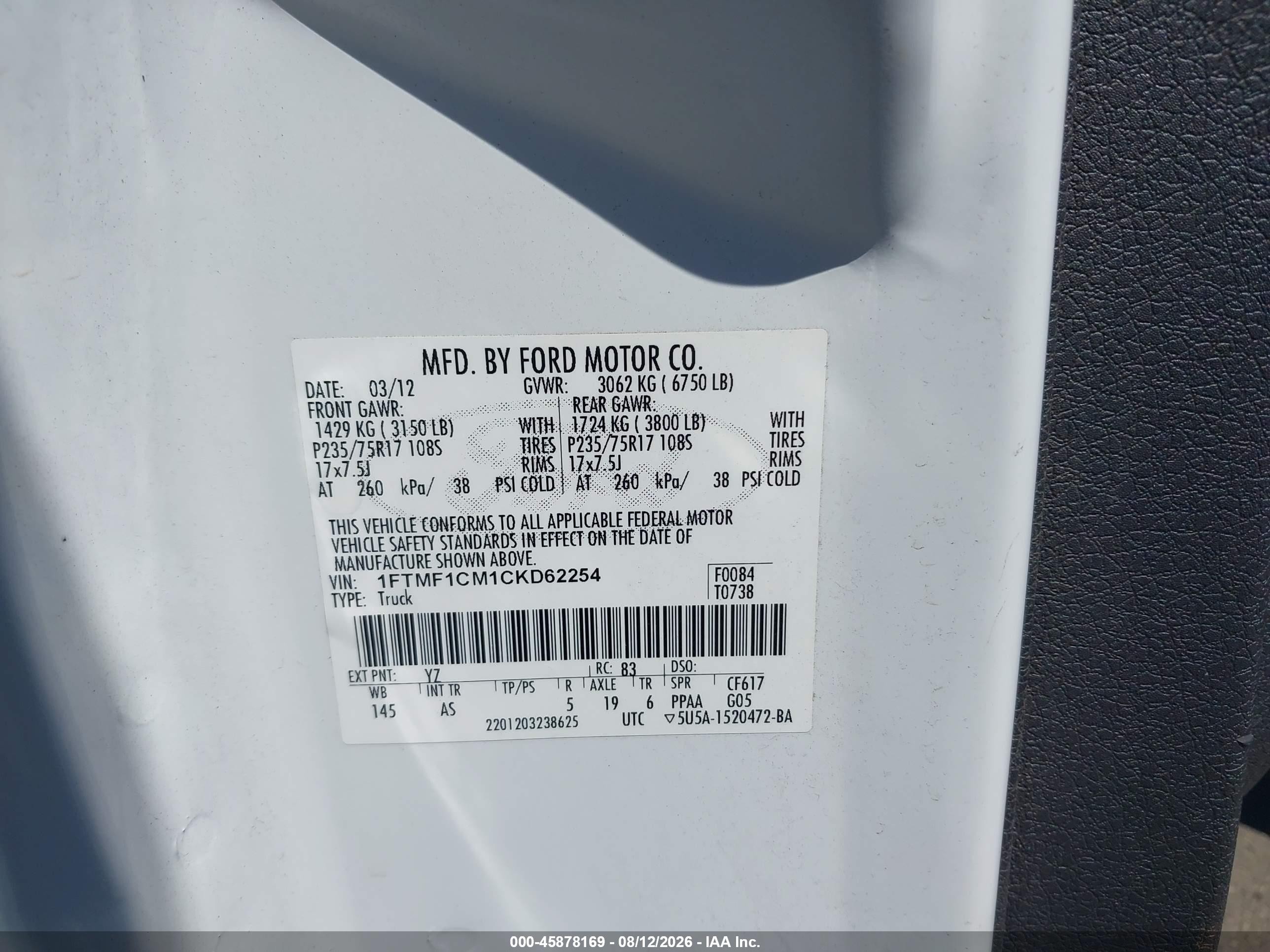 2012 Ford F-150 Xl White vin: 1FTMF1CM1CKD62254