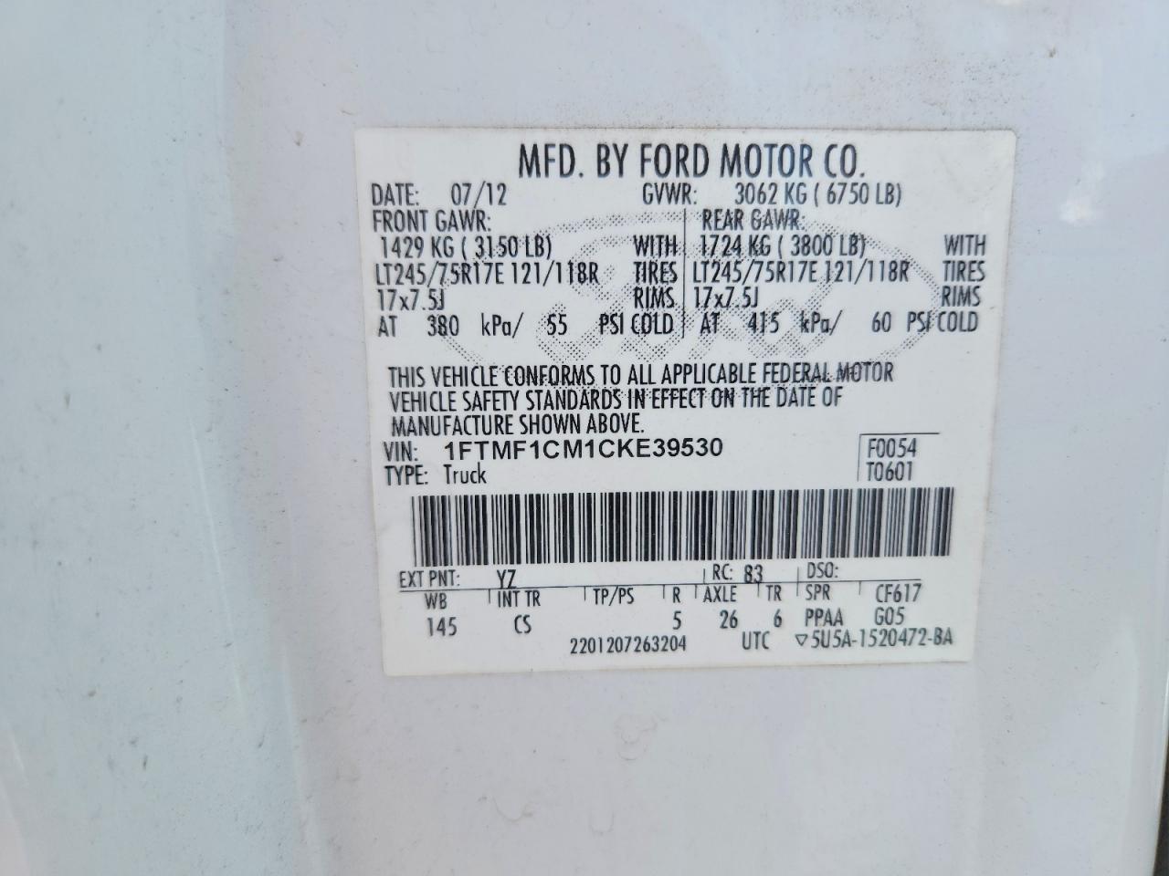 2012 Ford F150 White vin: 1FTMF1CM1CKE39530