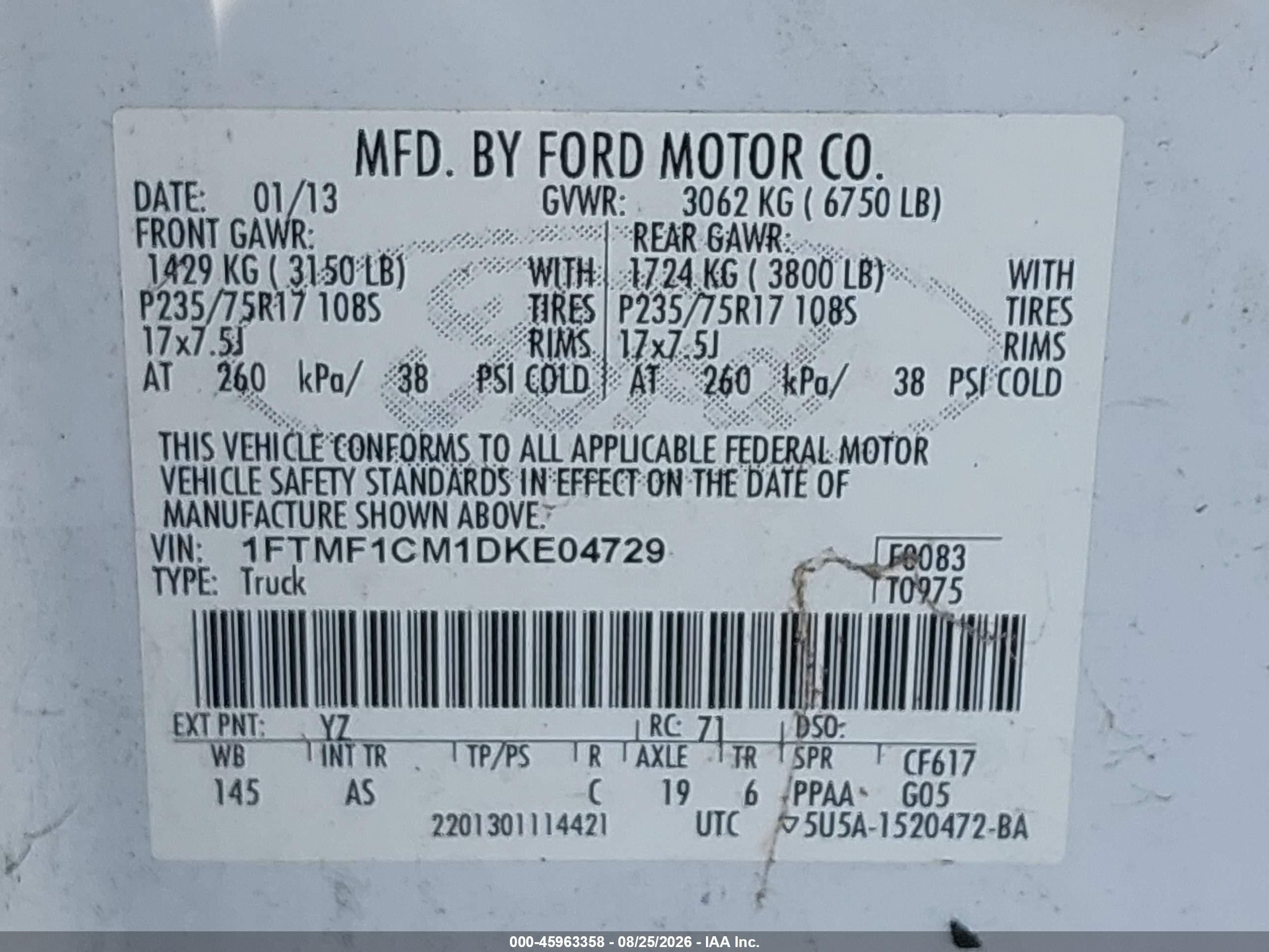 2013 Ford F-150 Xl White vin: 1FTMF1CM1DKE04729