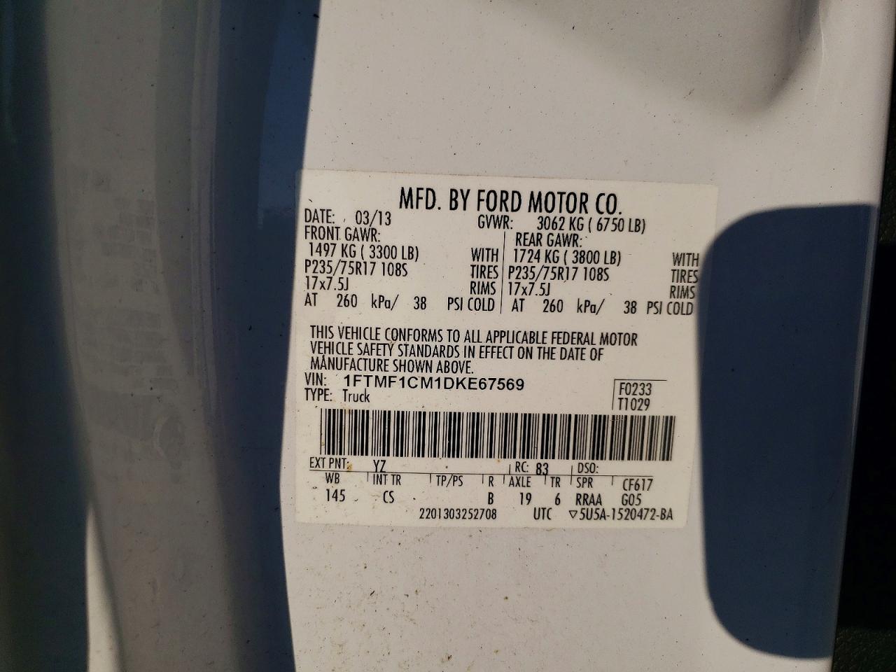 2013 Ford F150 Xl White vin: 1FTMF1CM1DKE67569
