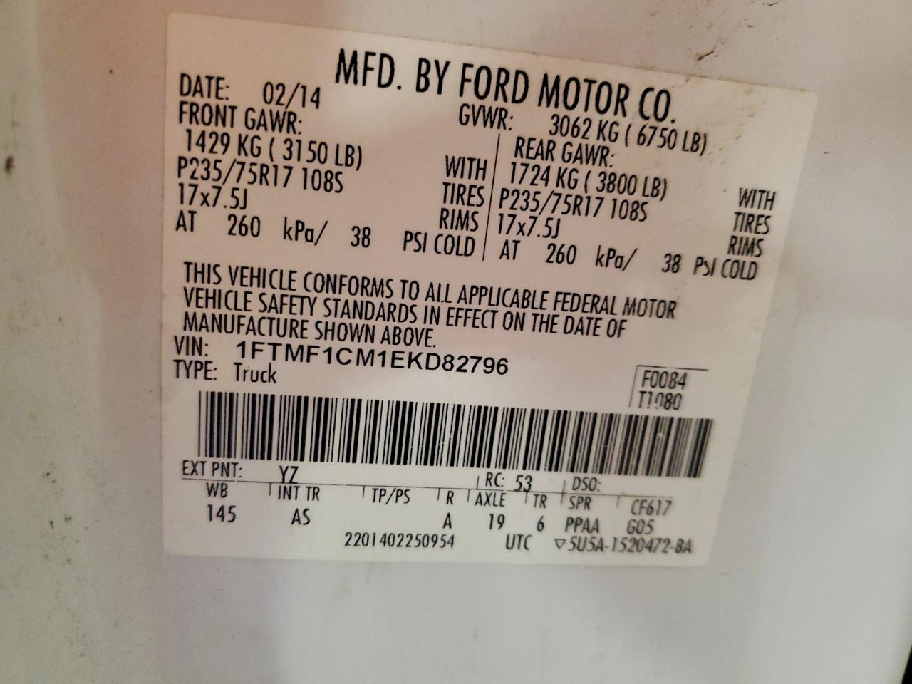 2014 Ford F150 Белый vin: 1FTMF1CM1EKD82796