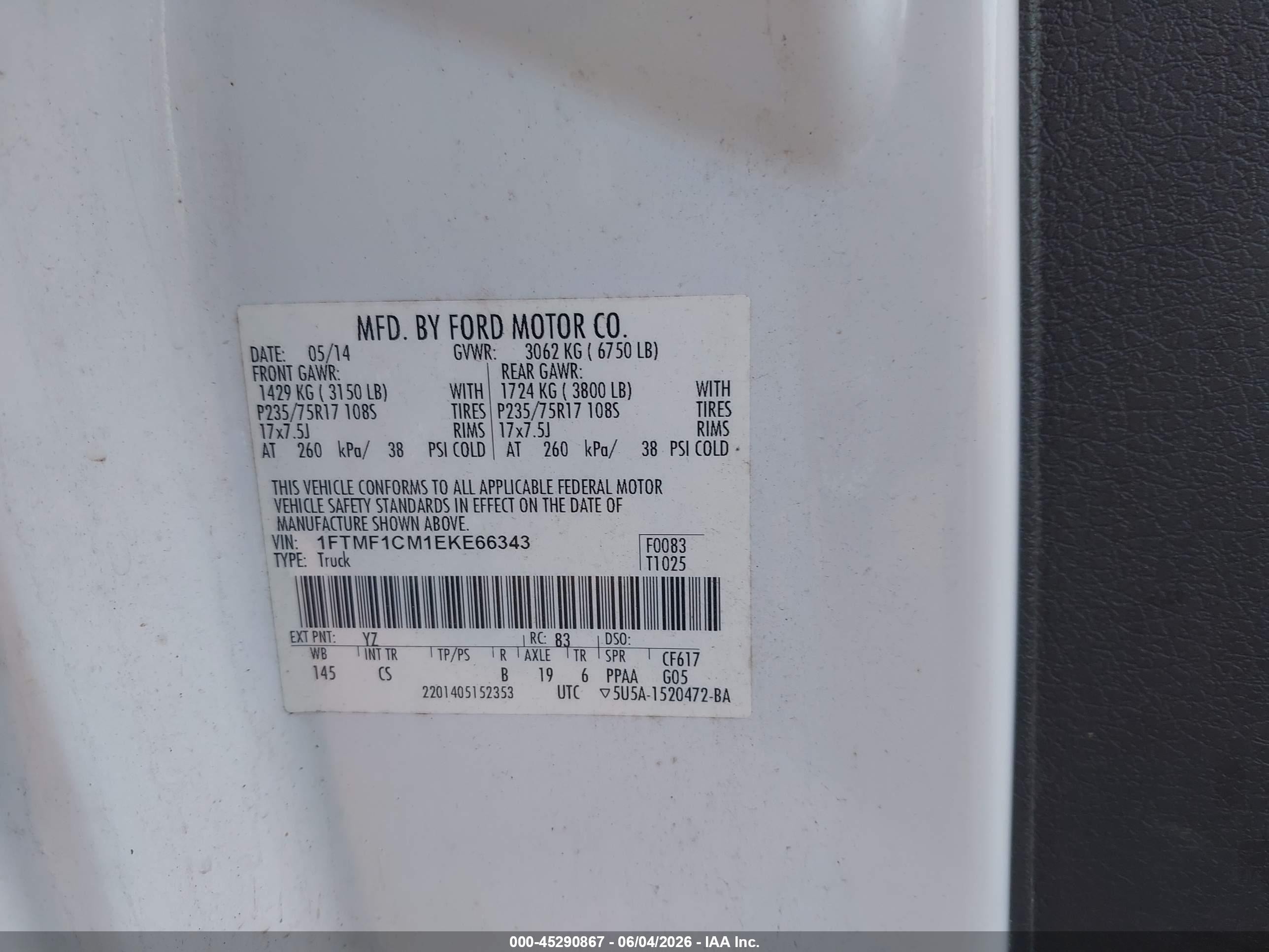 2014 Ford F-150 Xl White vin: 1FTMF1CM1EKE66343