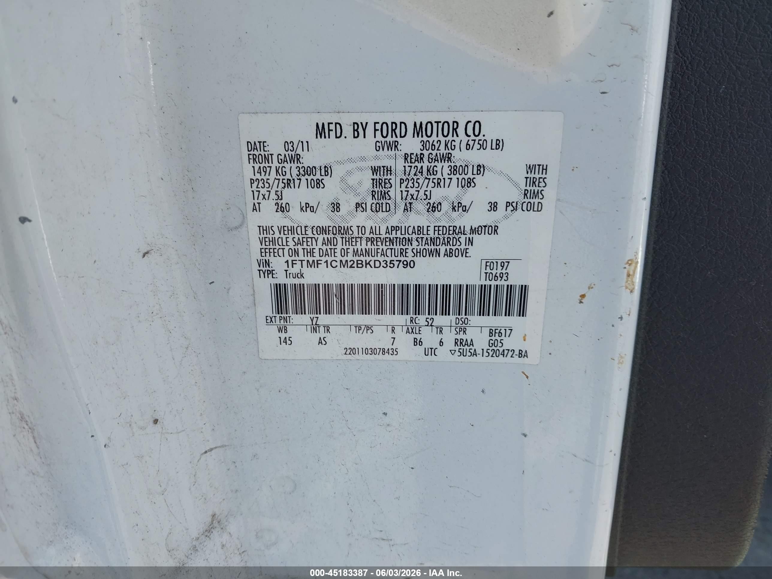 2011 Ford F150   White vin: 1FTMF1CM2BKD35790