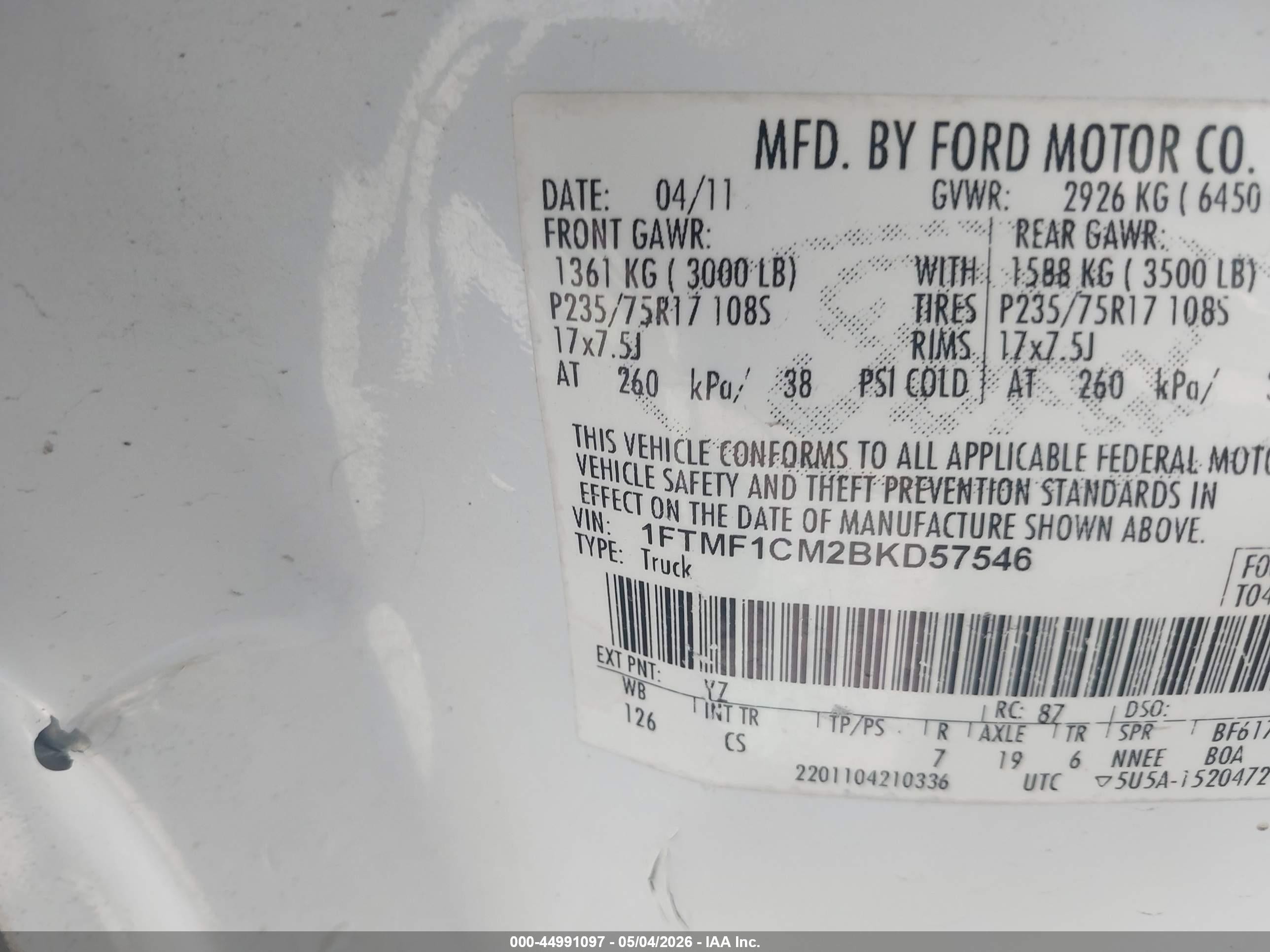 2011 Ford F-150 Xl White vin: 1FTMF1CM2BKD57546