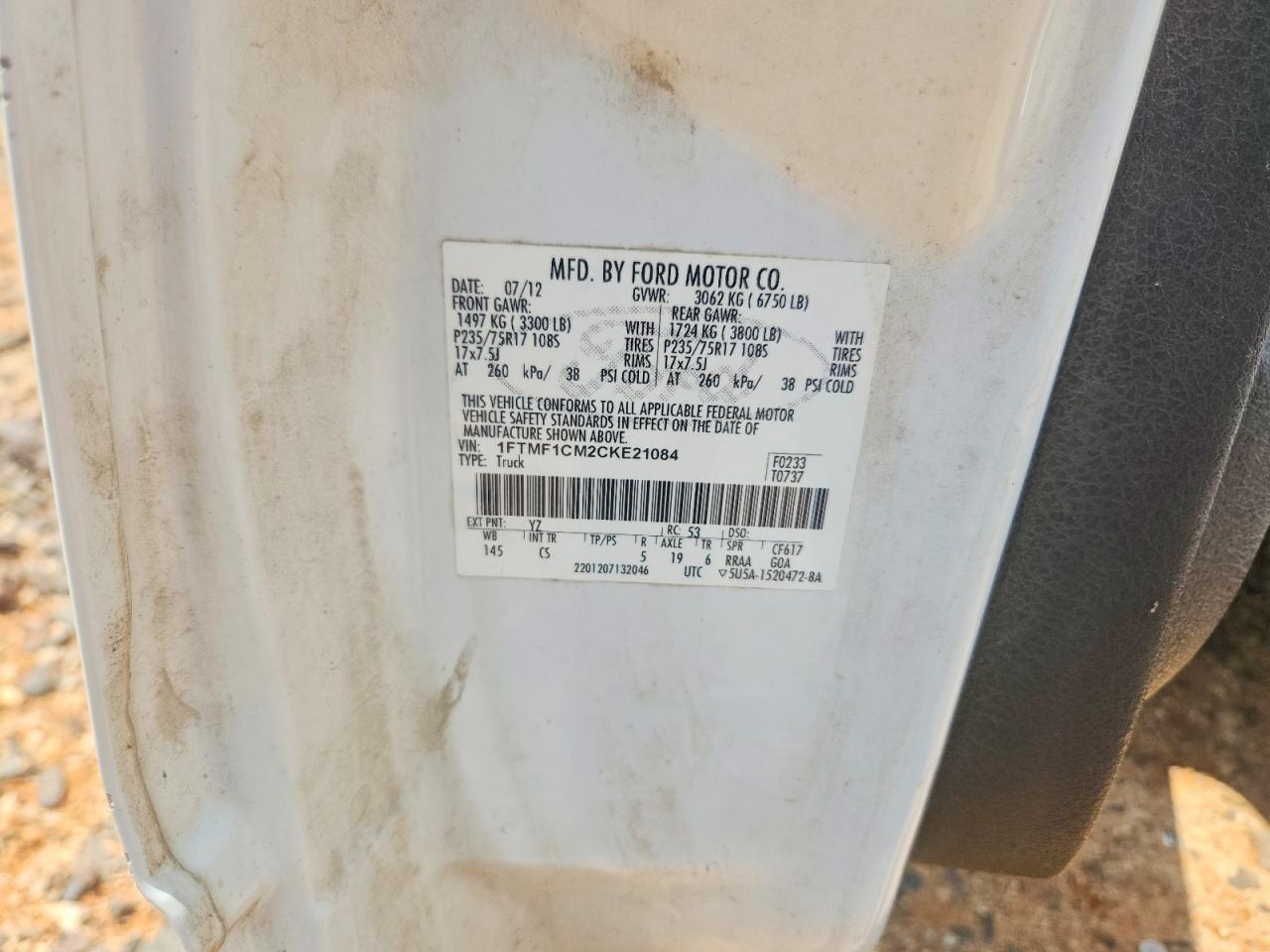 2012 Ford F150 White vin: 1FTMF1CM2CKE21084