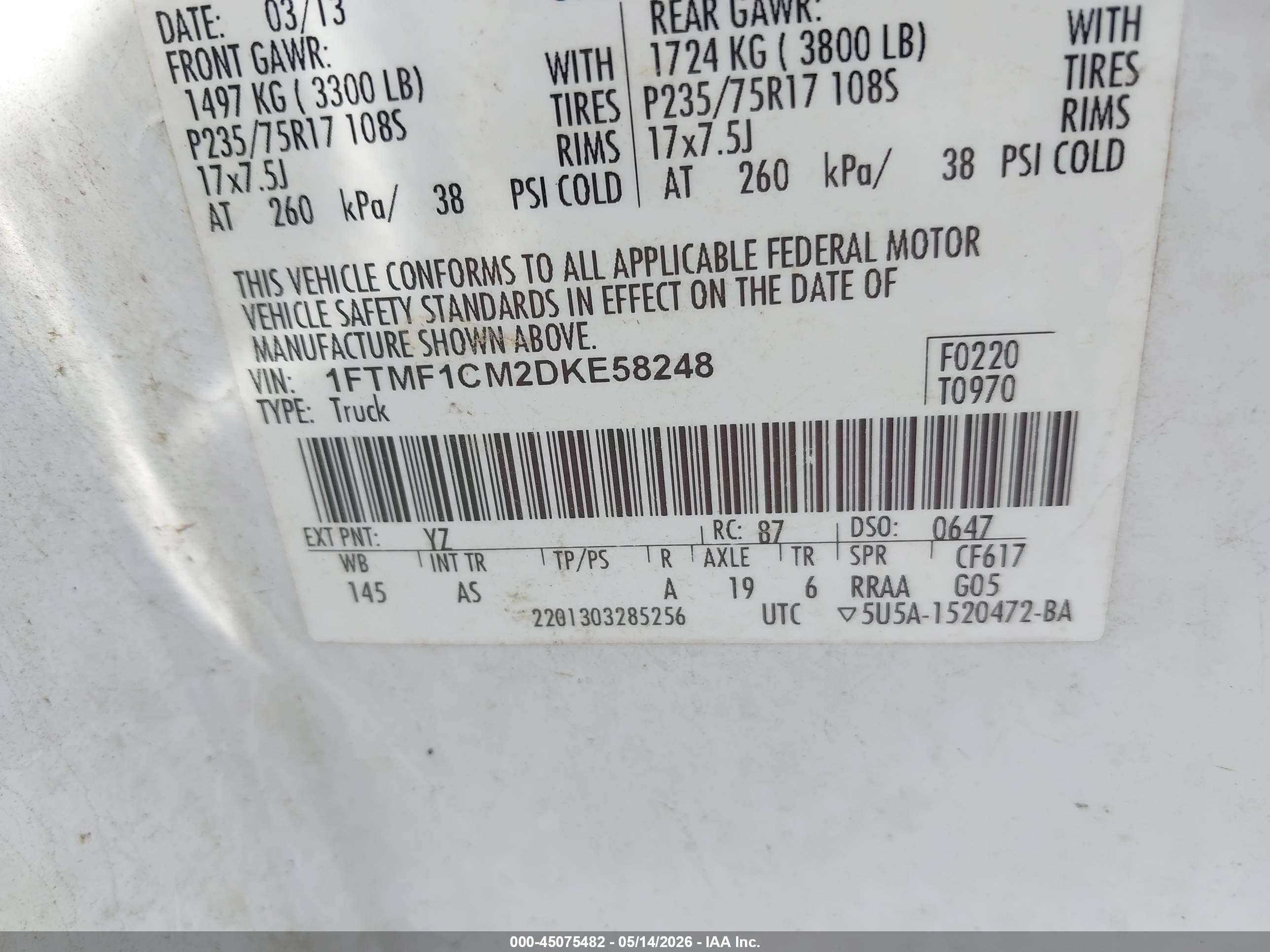 2013 Ford F-150 Xl White vin: 1FTMF1CM2DKE58248