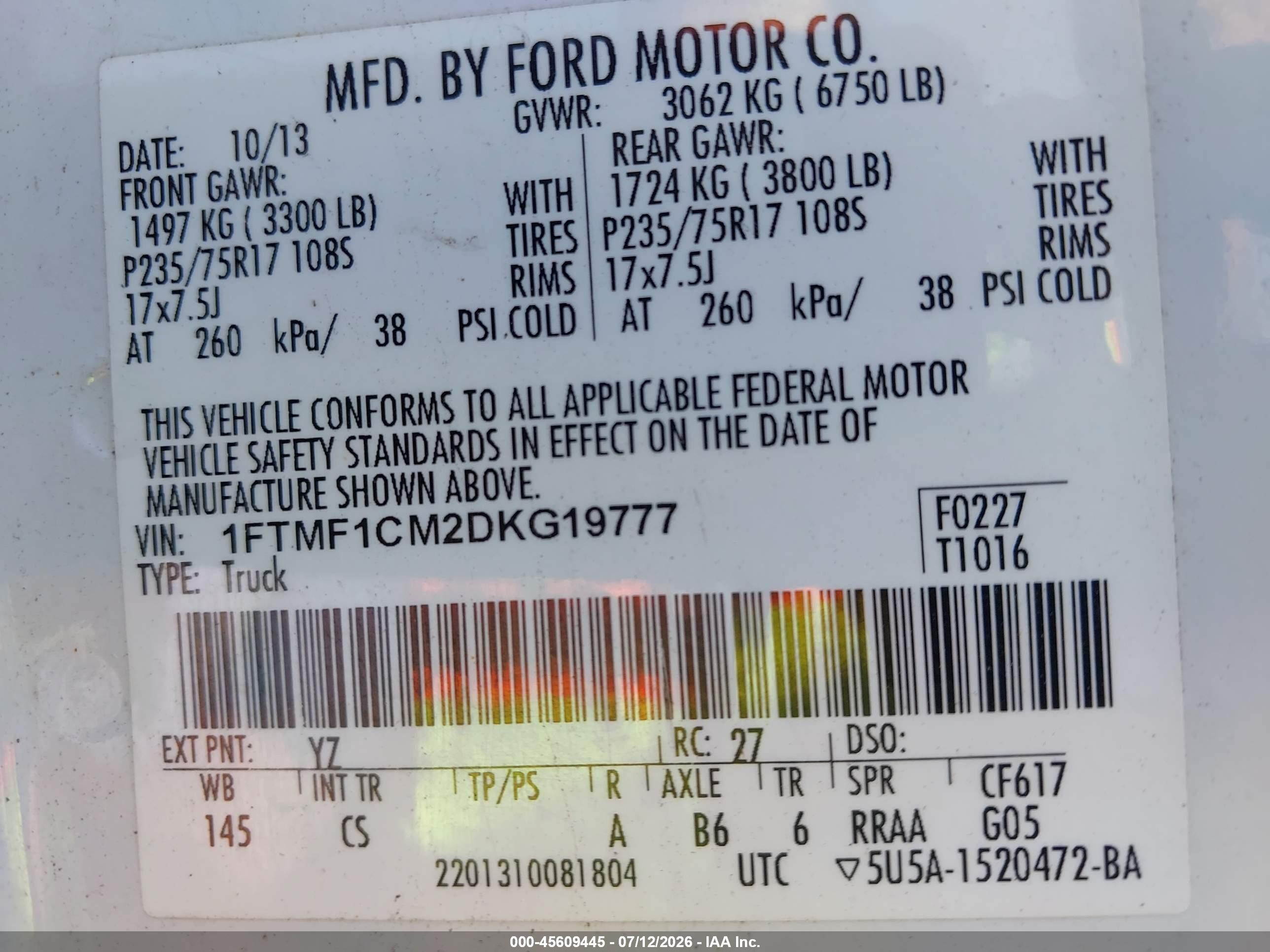 2013 Ford F-150 Xl White vin: 1FTMF1CM2DKG19777