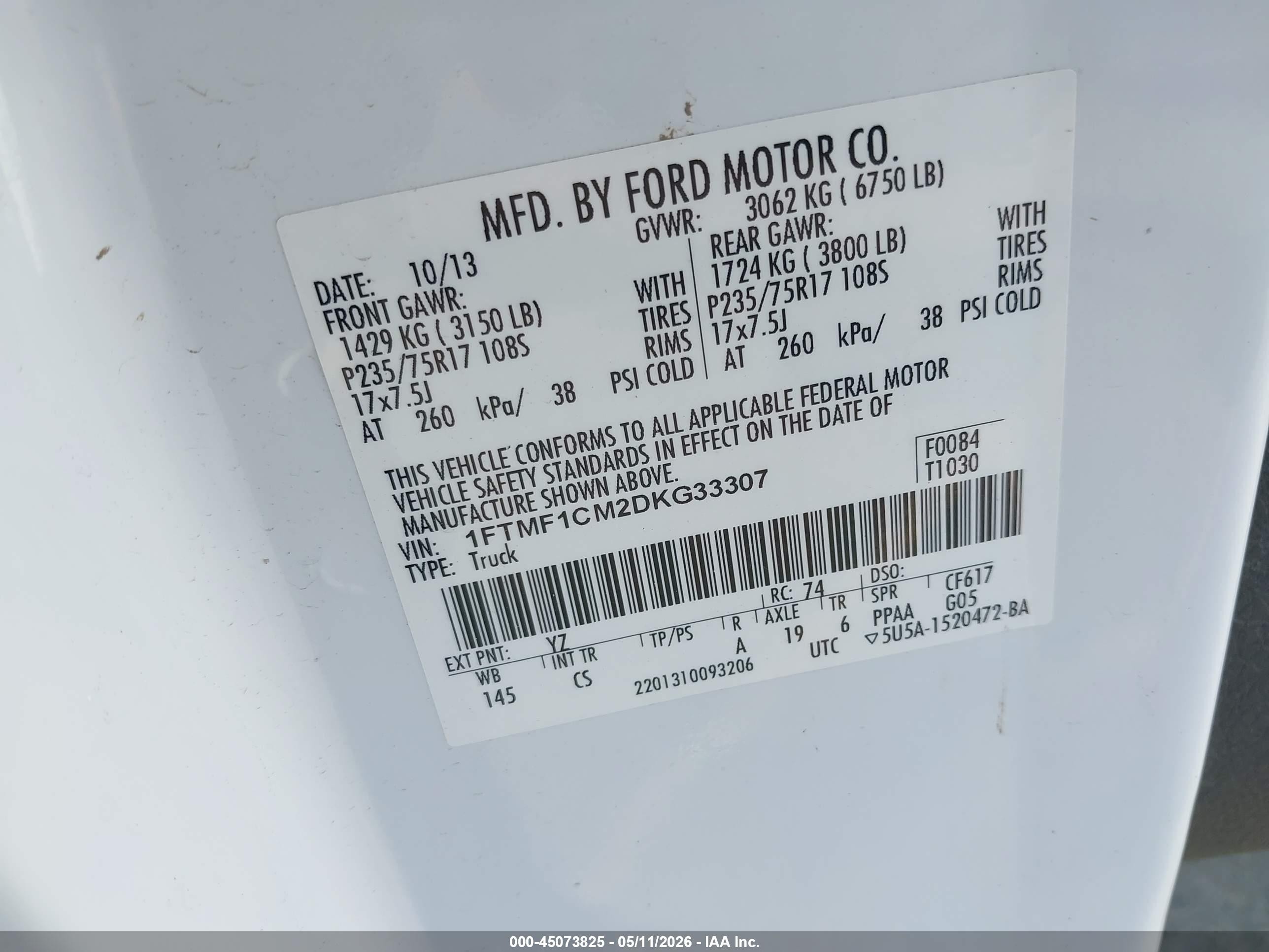 2013 Ford F-150 Xl White vin: 1FTMF1CM2DKG33307