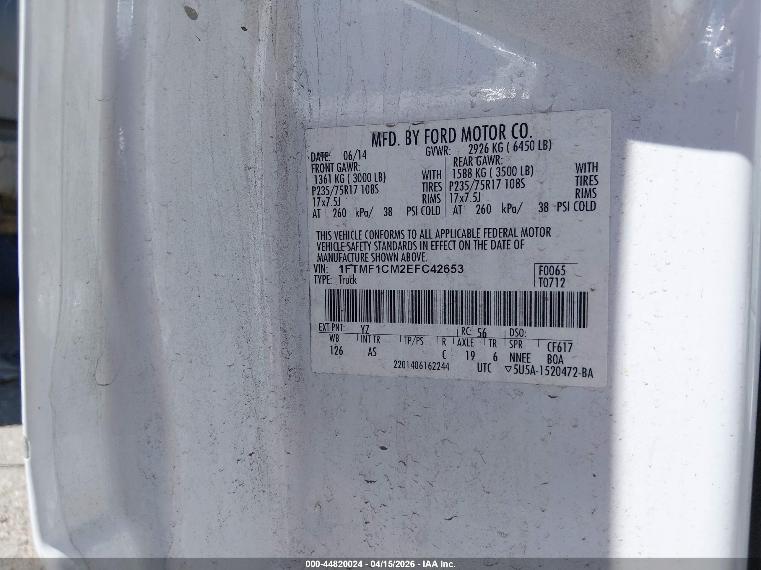 2014 Ford F-150 Xl White vin: 1FTMF1CM2EFC42653