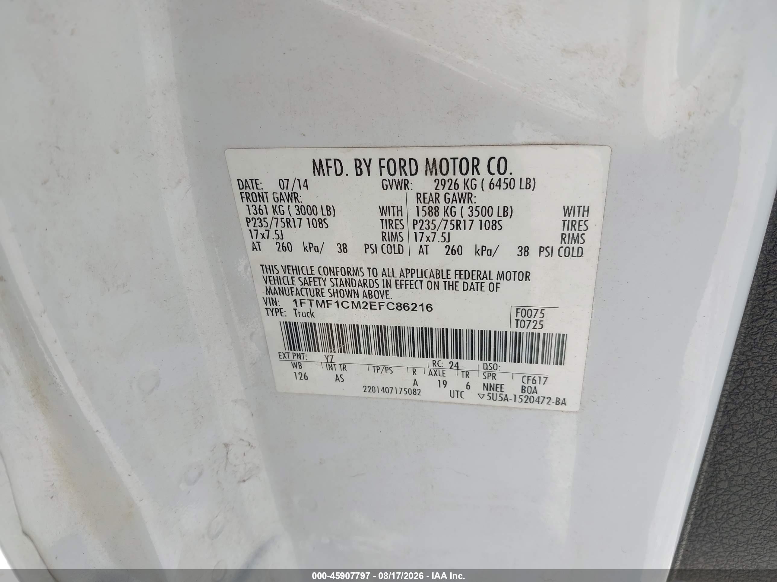 2014 Ford F-150 Xl White vin: 1FTMF1CM2EFC86216