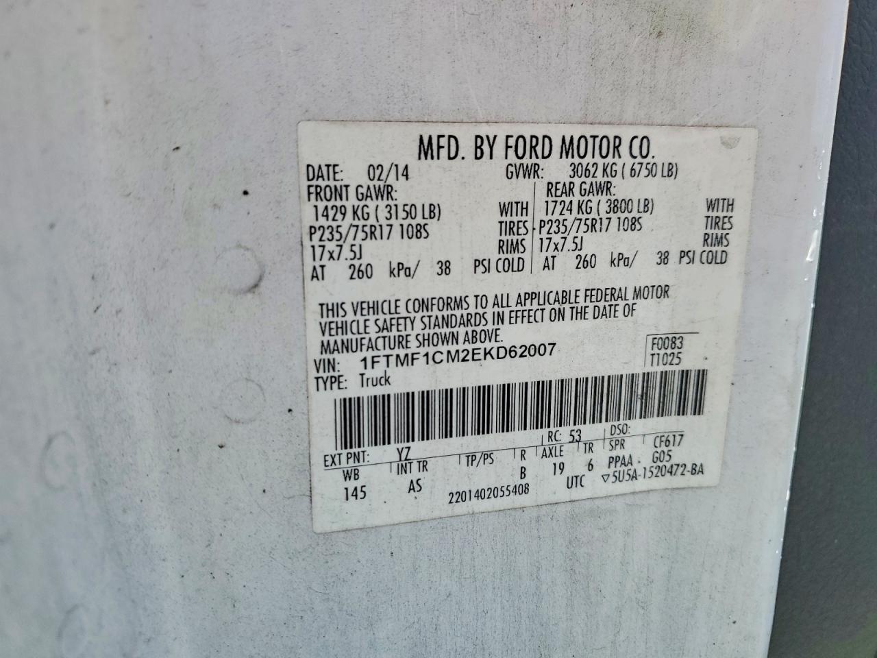 2014 Ford F150 White vin: 1FTMF1CM2EKD62007