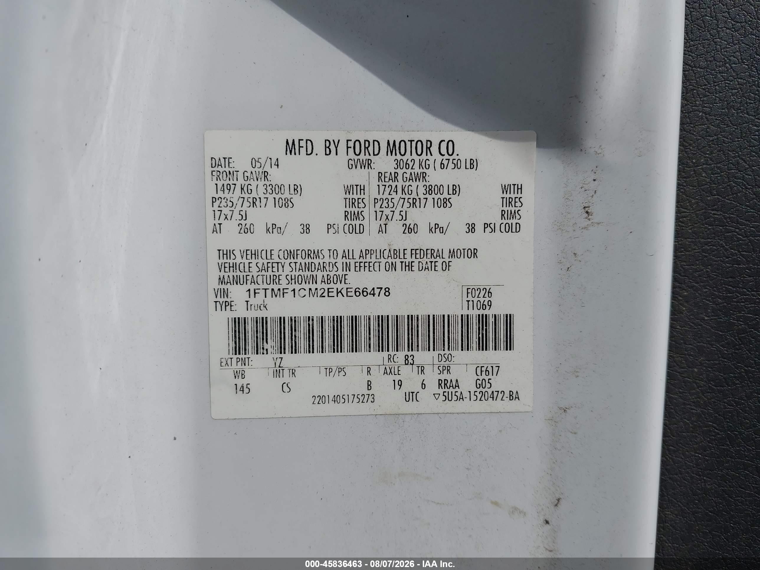 2014 Ford F-150 Xl White vin: 1FTMF1CM2EKE66478