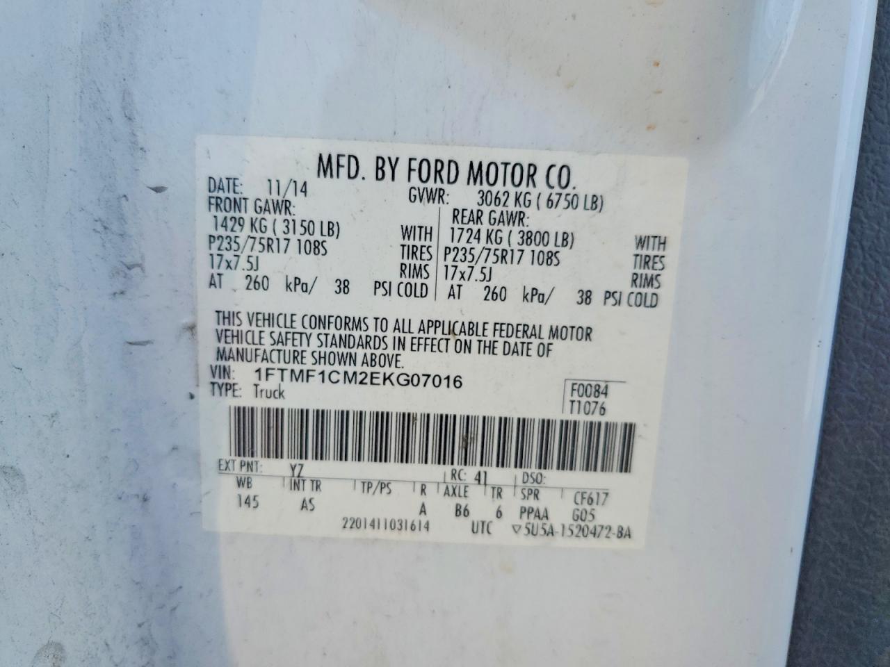 2014 Ford F150 White vin: 1FTMF1CM2EKG07016
