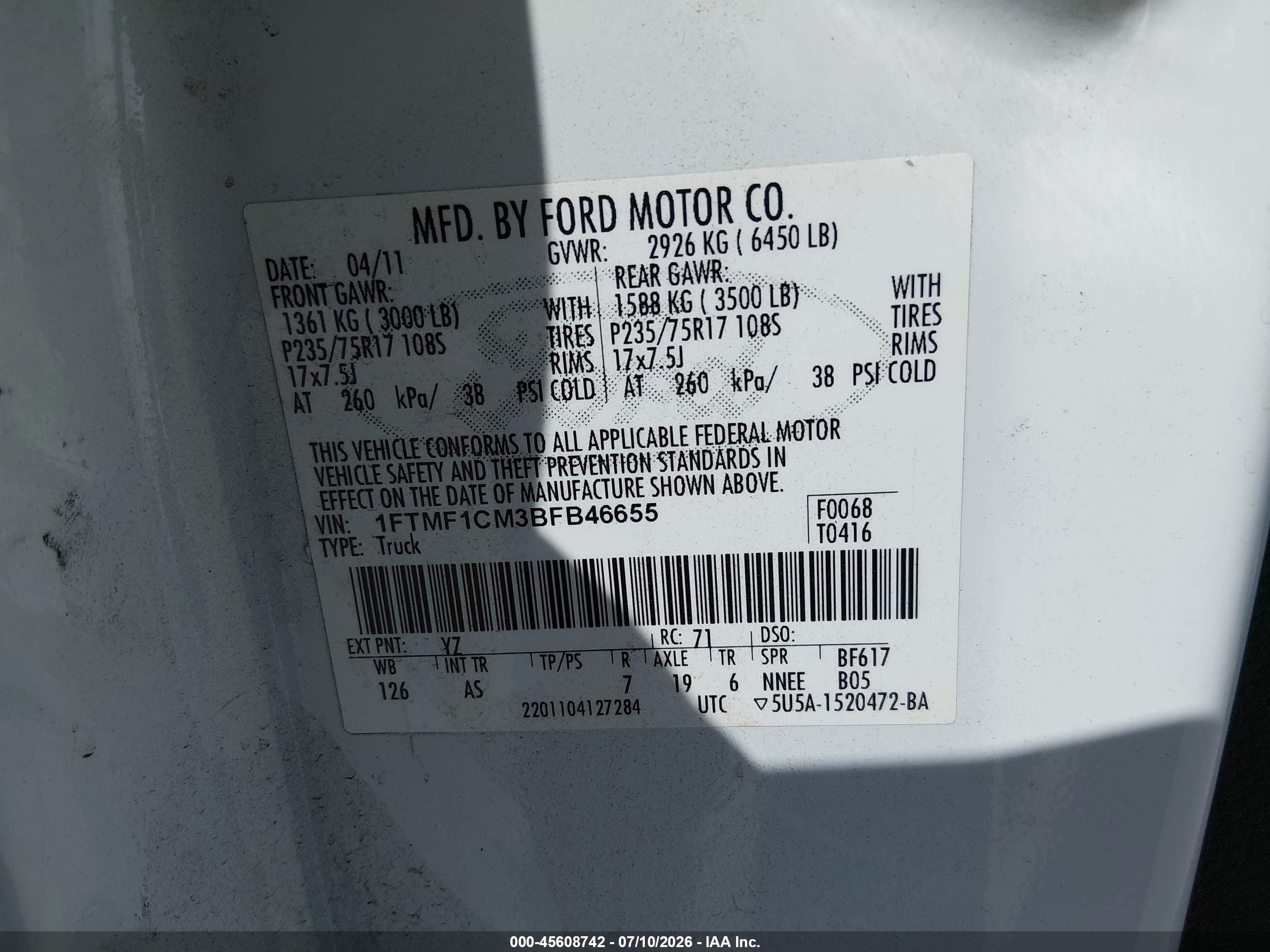 2011 Ford F-150 Stx/xl/xlt Белый vin: 1FTMF1CM3BFB46655