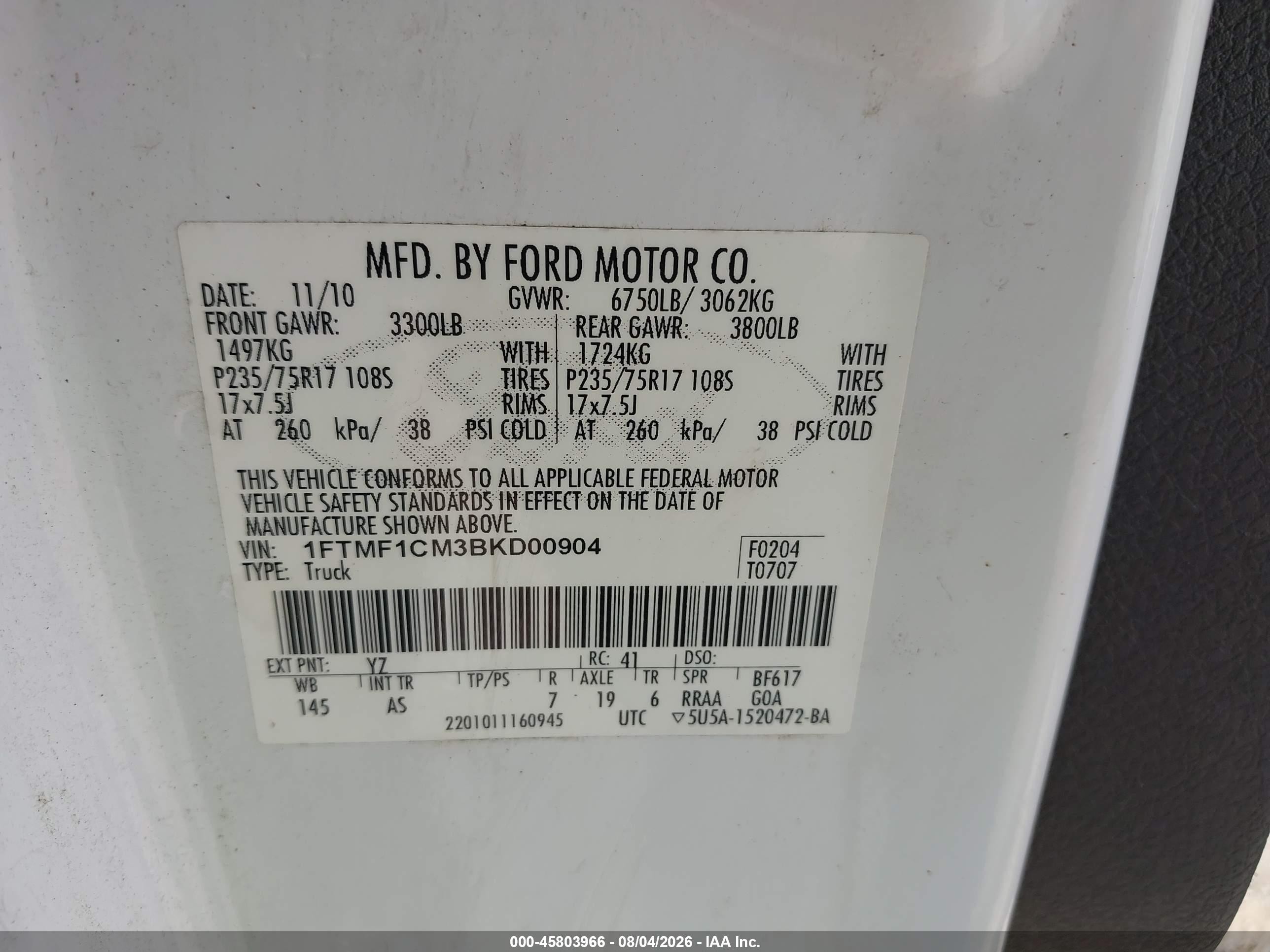 2011 Ford F-150 Xl White vin: 1FTMF1CM3BKD00904