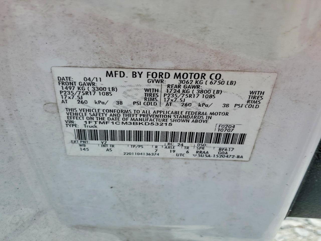 2011 Ford F150 White vin: 1FTMF1CM3BKD53215