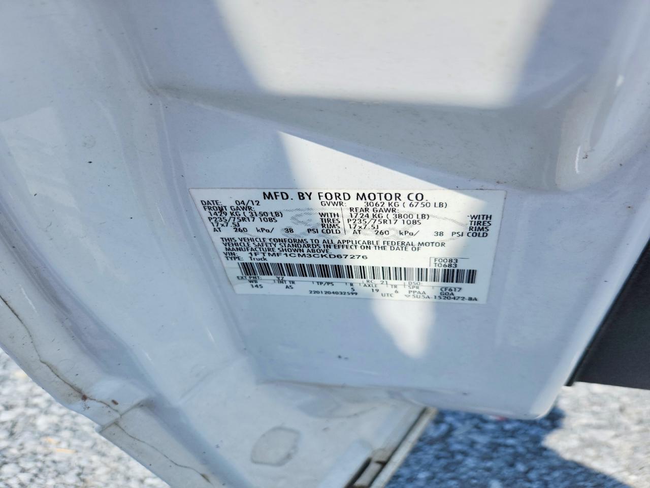 2012 Ford F150 White vin: 1FTMF1CM3CKD67276