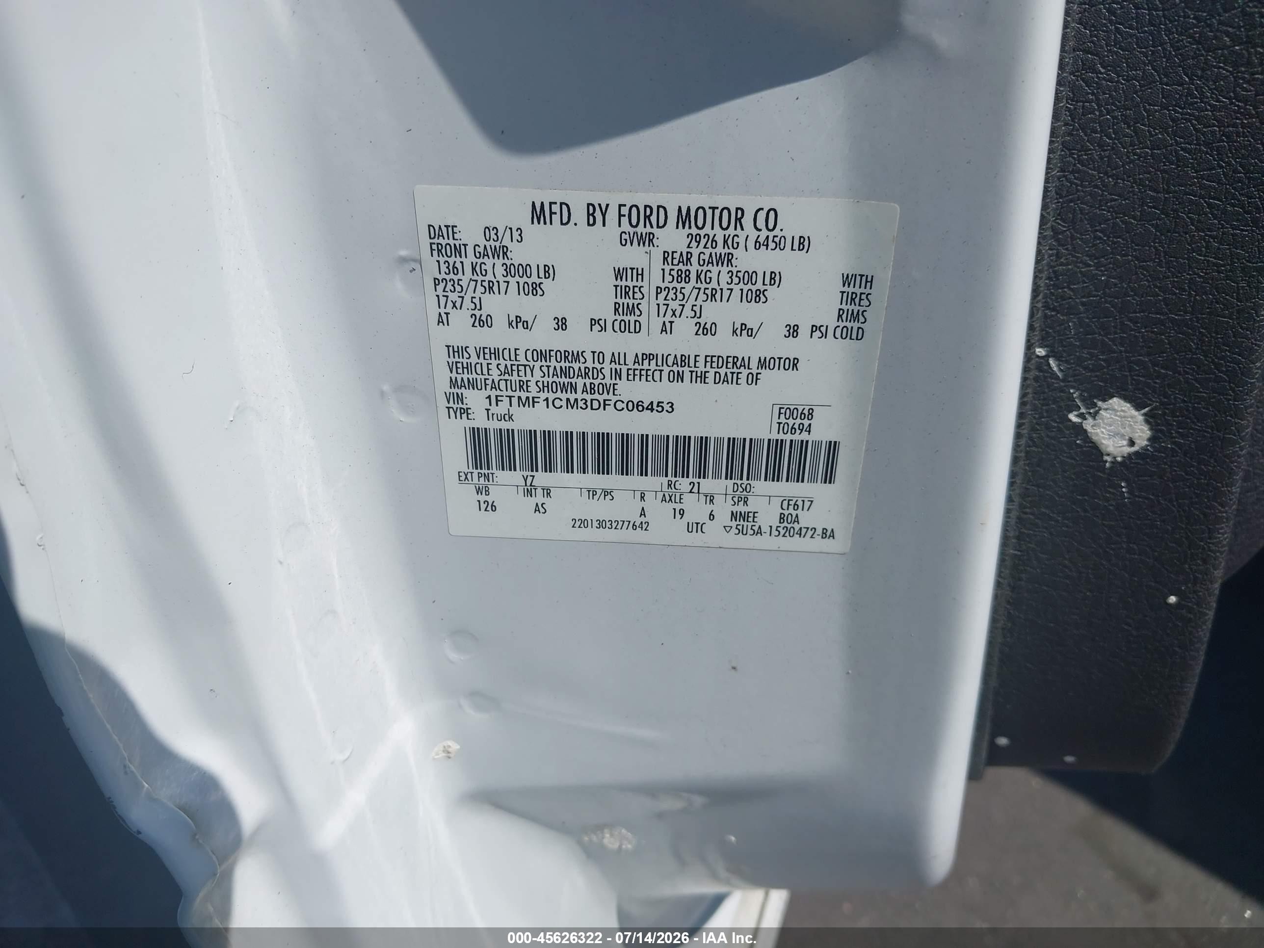 2013 Ford F-150 Xl White vin: 1FTMF1CM3DFC06453