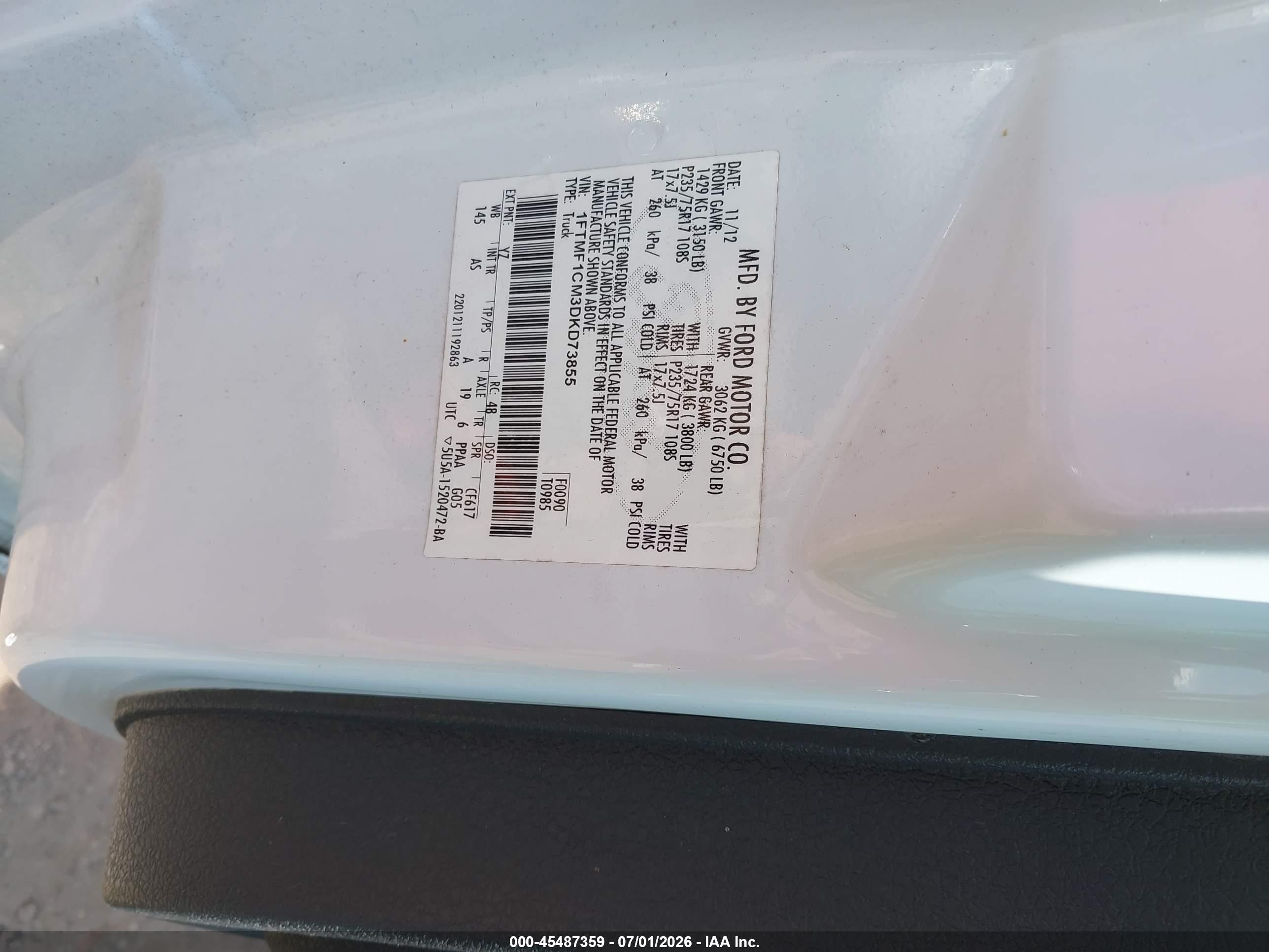 2013 Ford F-150 Stx/xl/xlt White vin: 1FTMF1CM3DKD73855